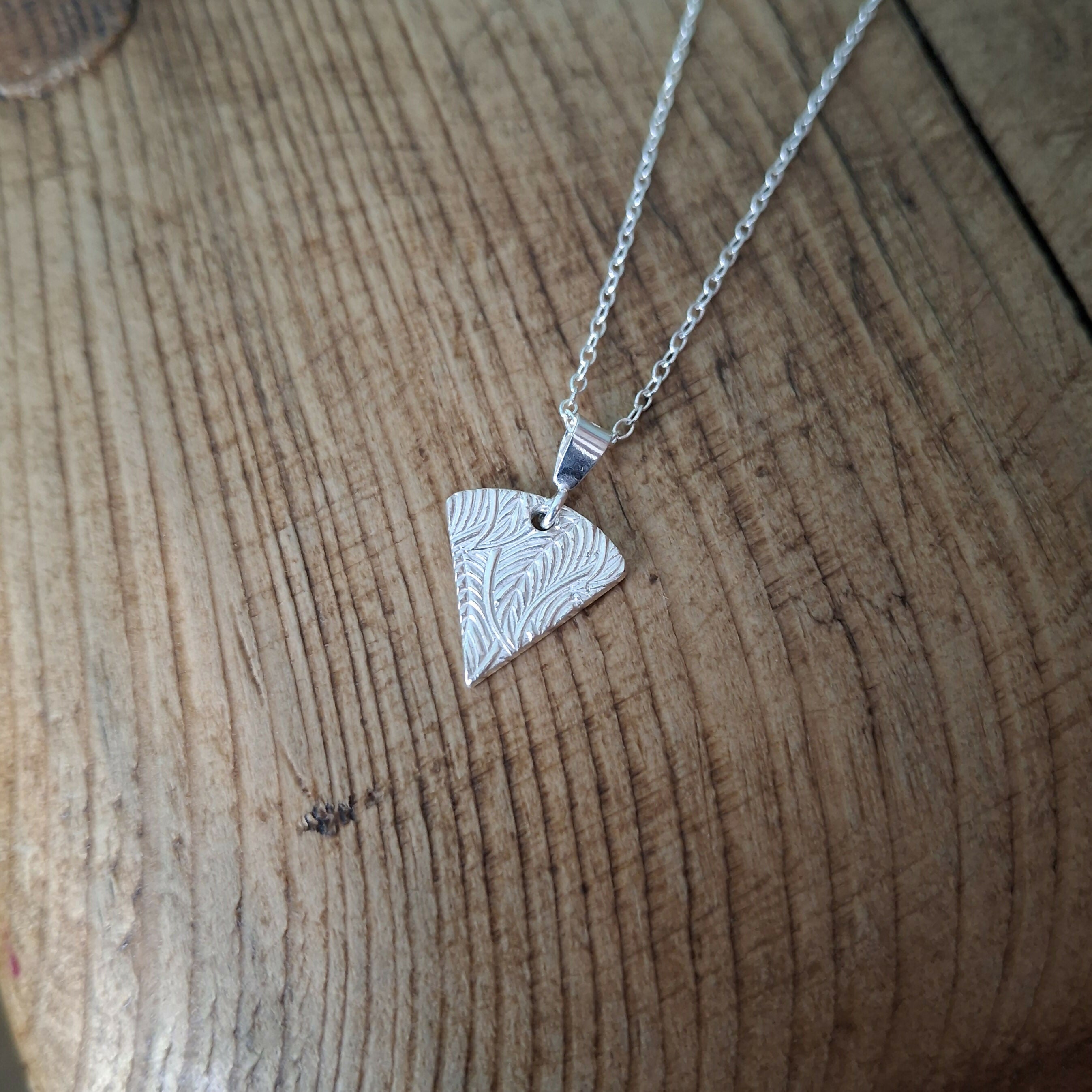 Handmade Silver Triangle Charm Necklace Leaf Texture