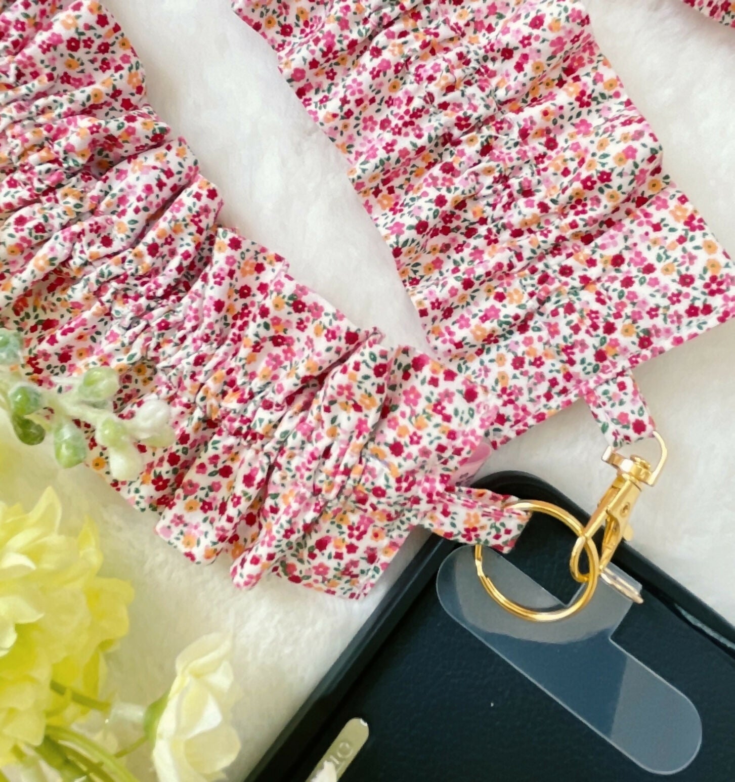 Handmade Ruffled Crossbody Phone Holder Red Ditsy