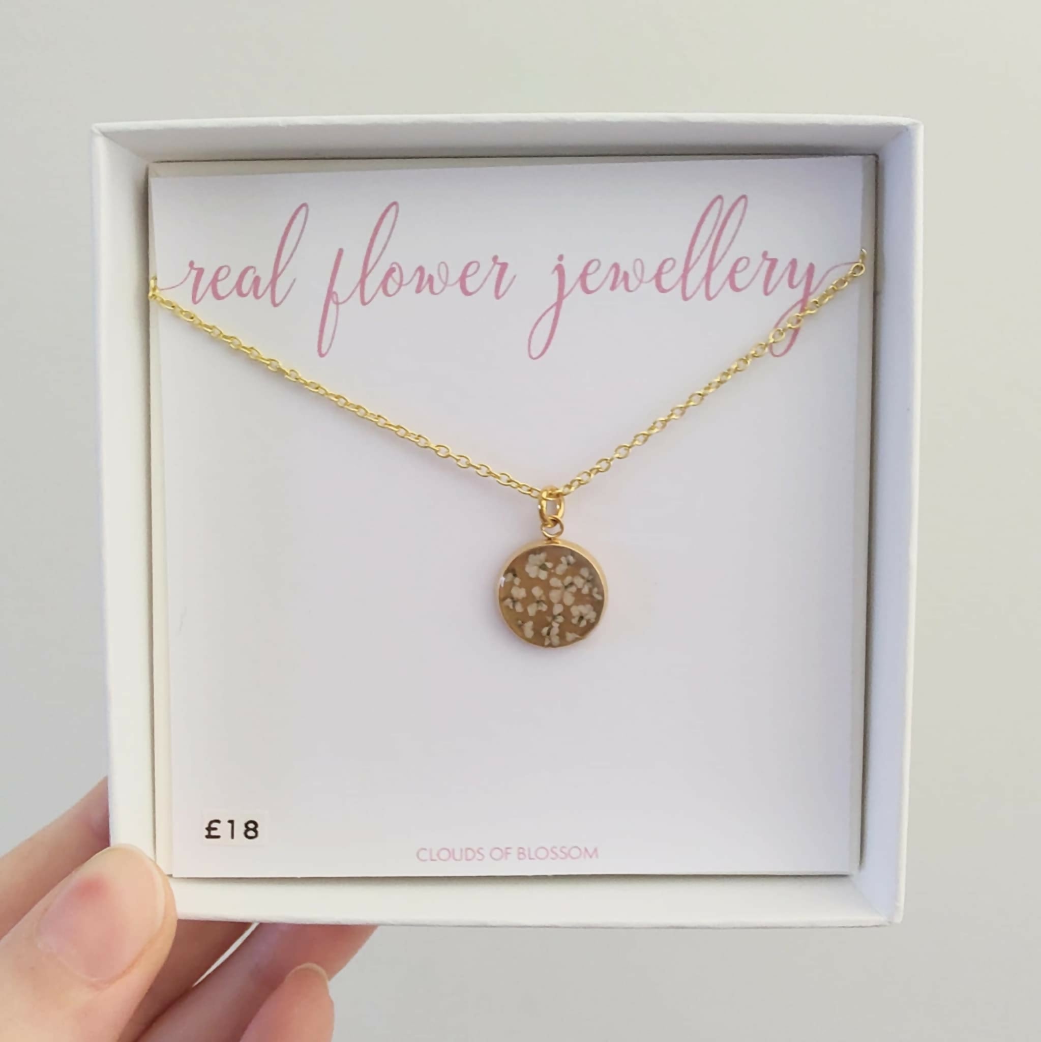 Real White Lace Flower Mirrored Circle Necklace Gold Plated