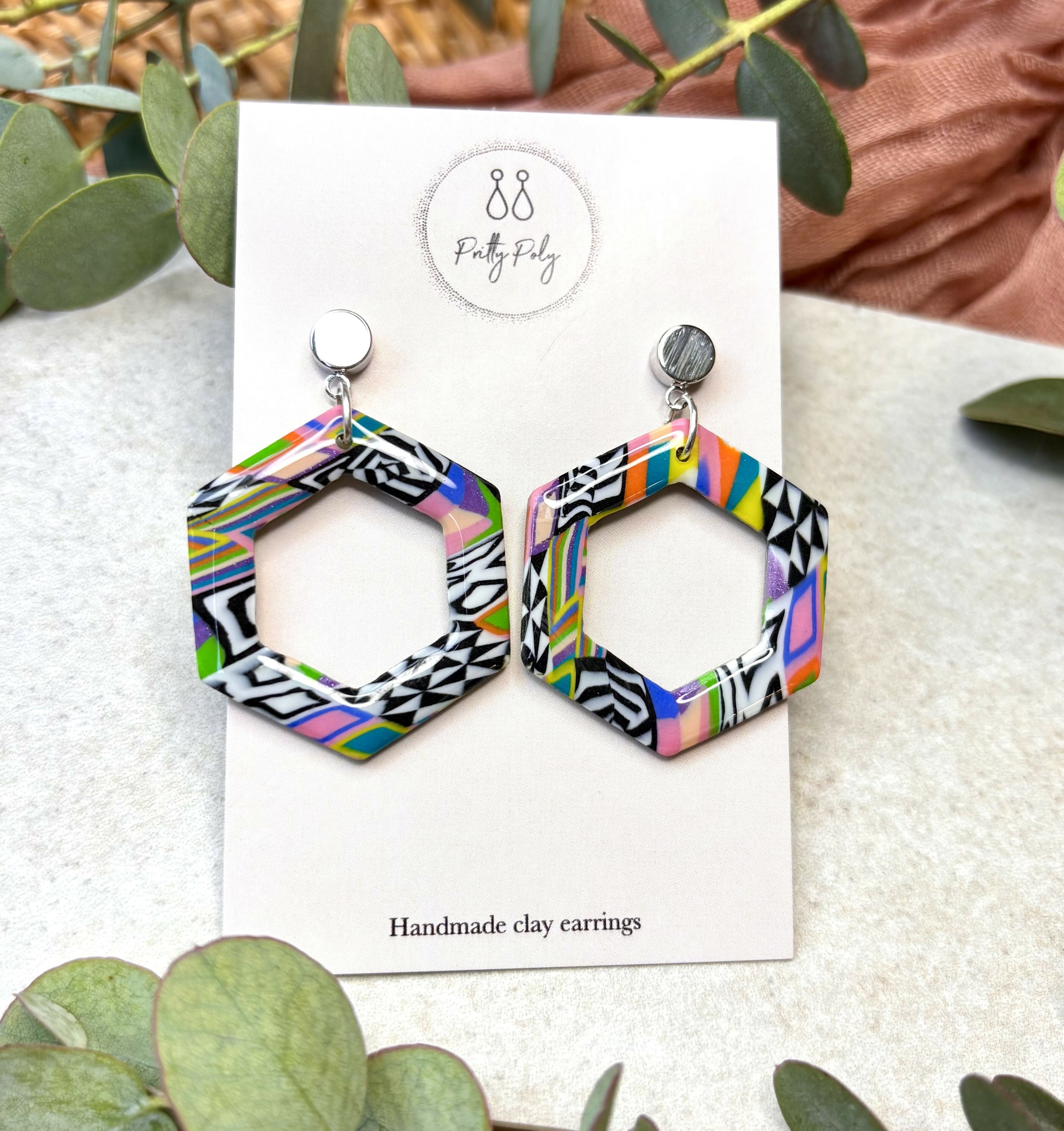 Funky Pattern Collection - Hexagon Polymer Clay Earrings