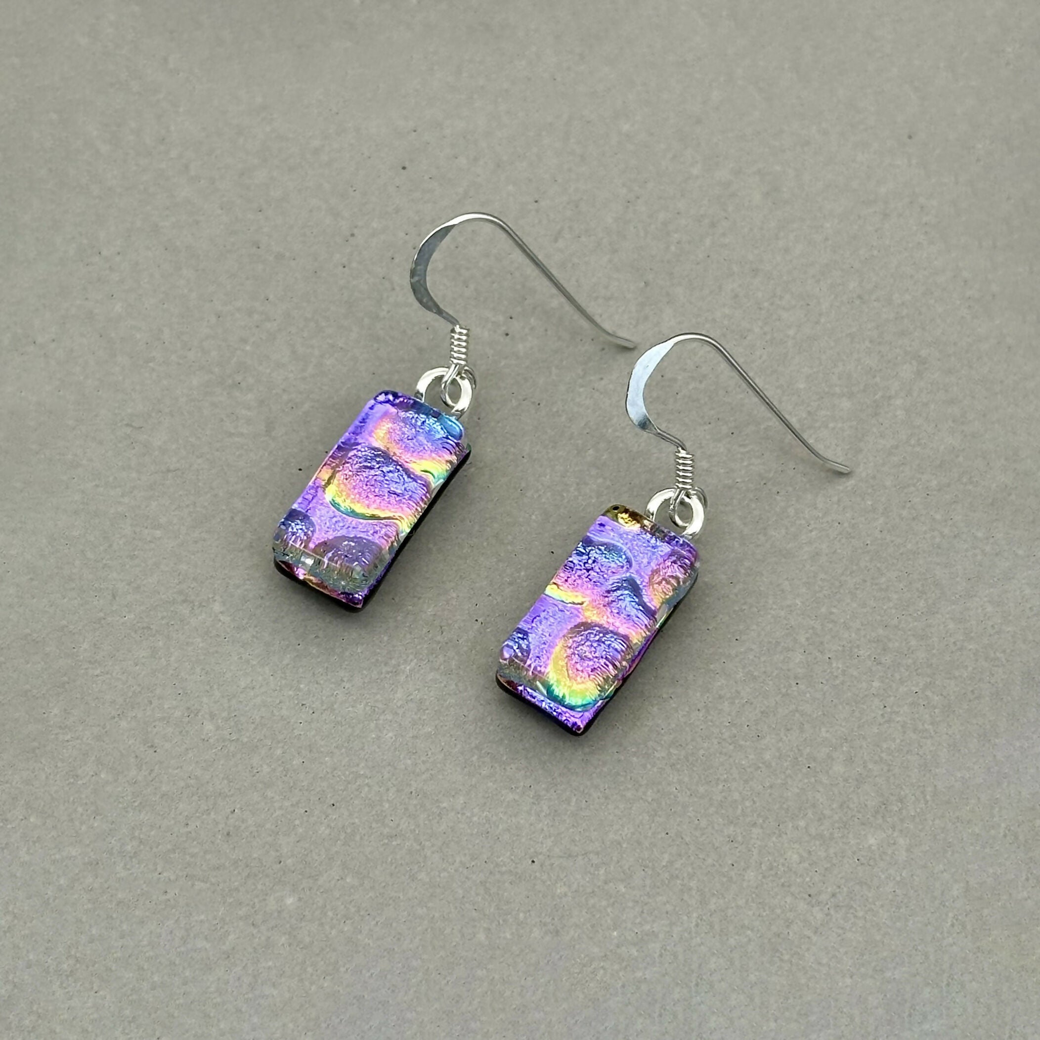 Purple Bubble Dichroic Fused Glass Dangle Sterling Silver Earrings - Handmade by Jade Tapson Glass.
