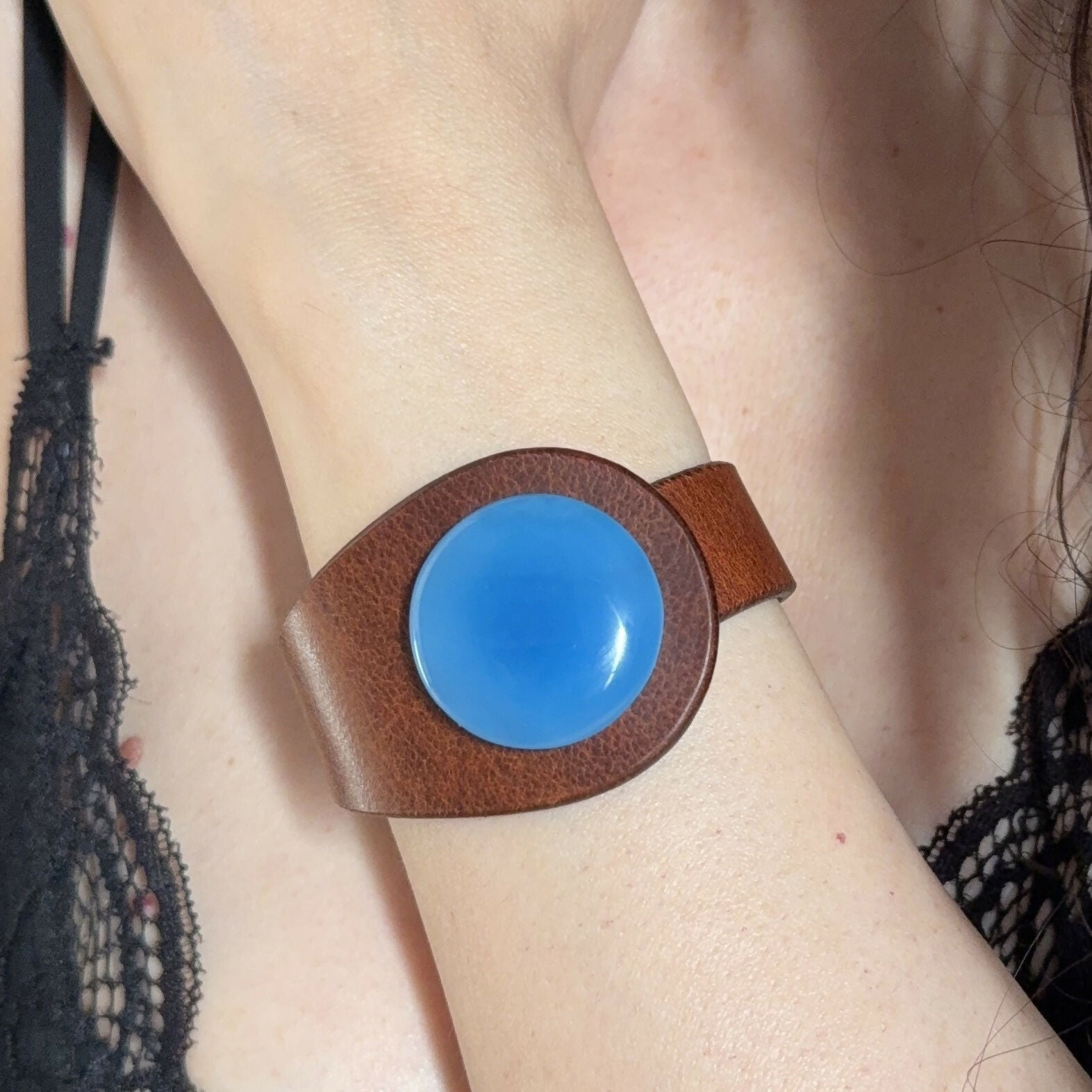 Handcrafted Natural Leather & Blue Paraiba Chalcedony Gemstone Bracelet - Size S or M