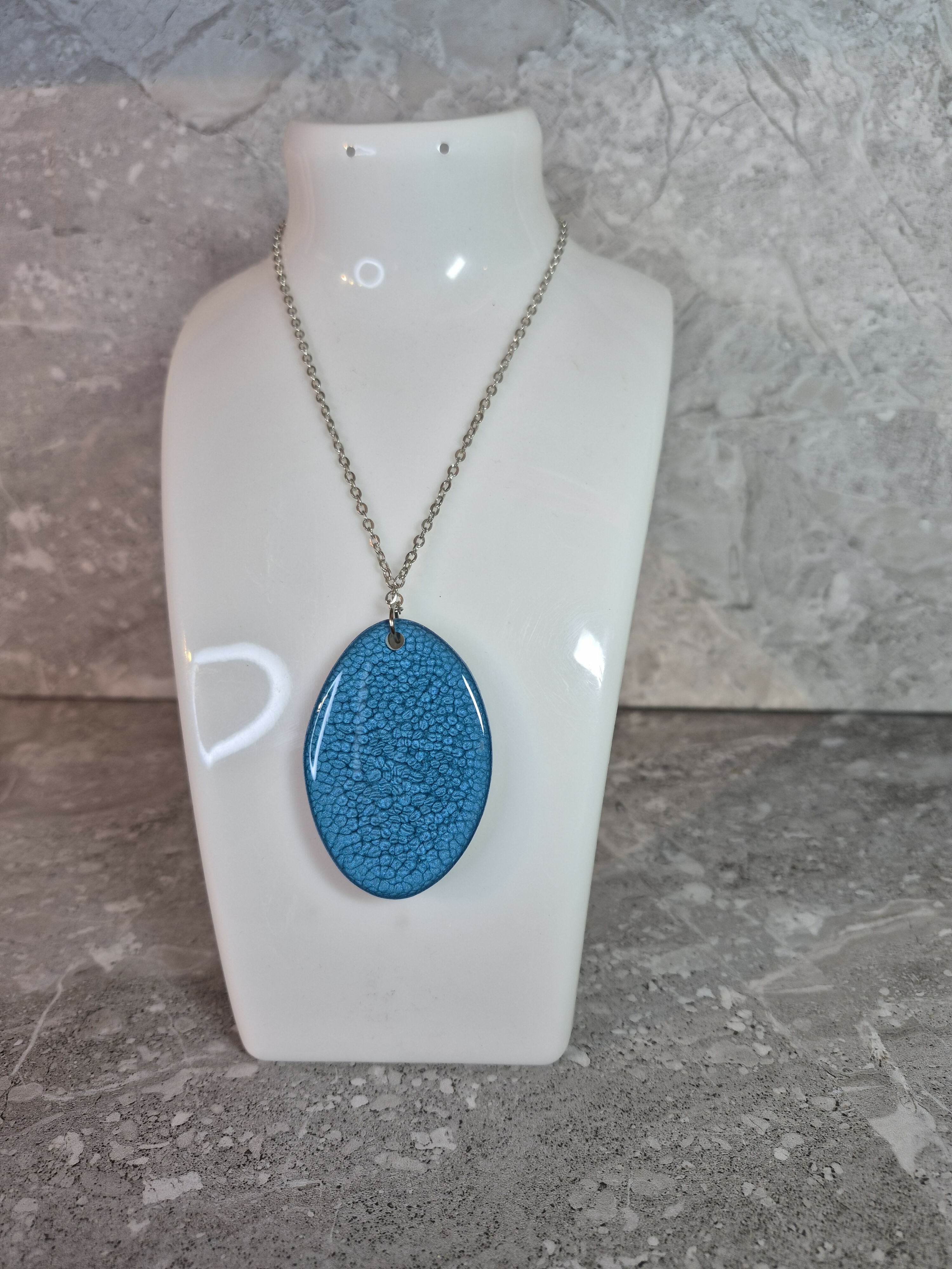 Unique Hand Crafted Double Sided Cyan and Blue Oval Pendant with Crackle Effect - Wood and Resin