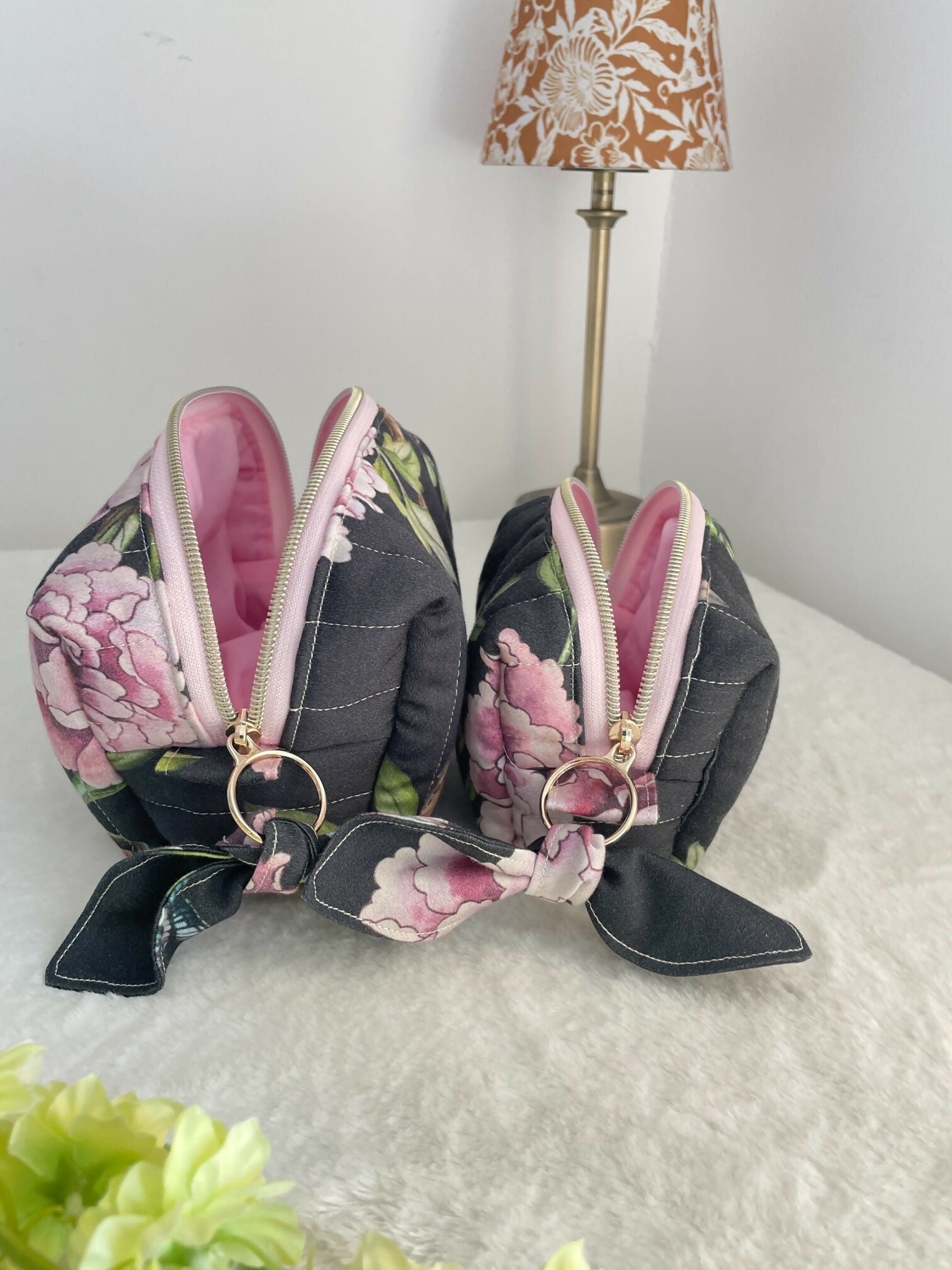 Black Quilted Toiletry Bag with Zipper Handmade in UK