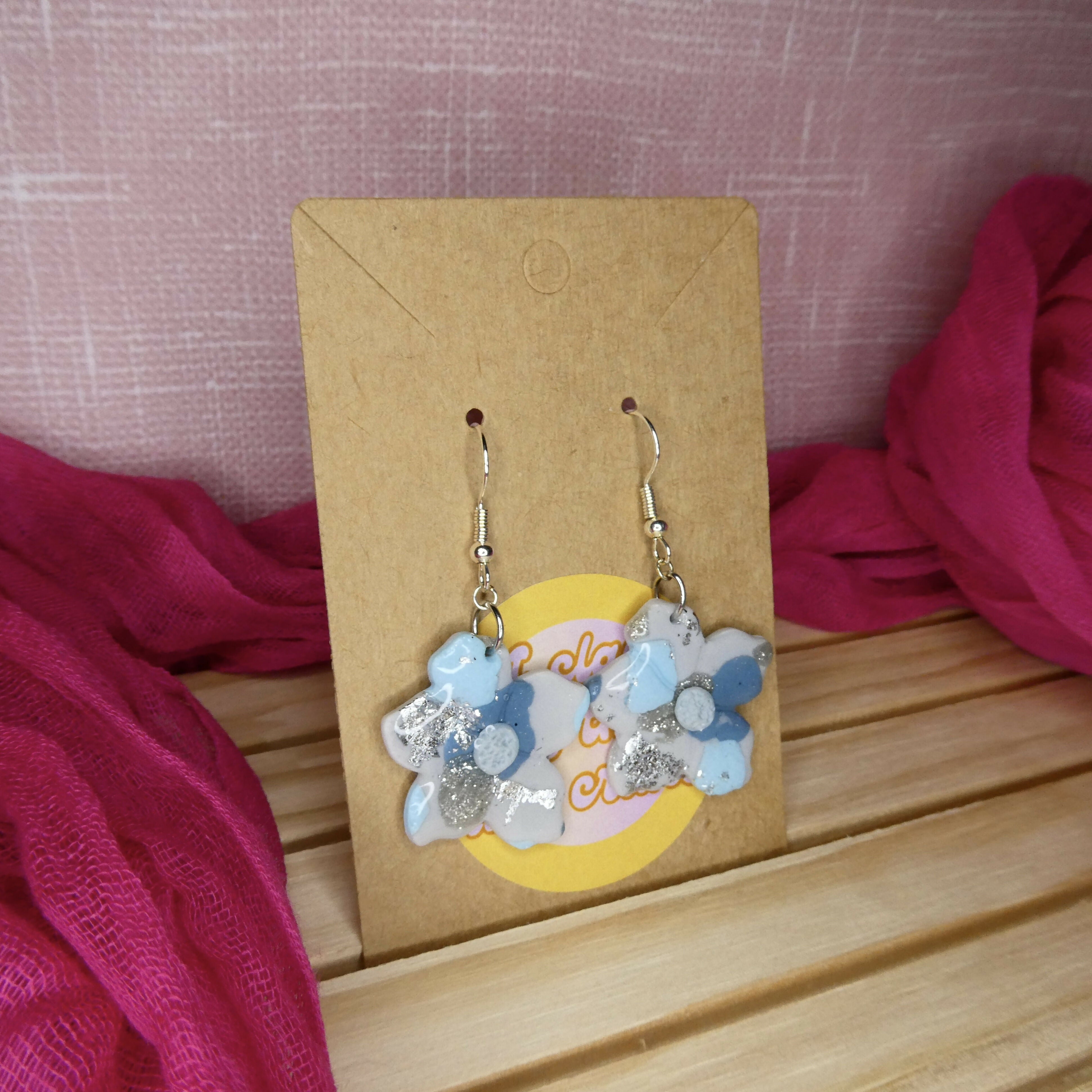 Grey, Blue And Silver Flower Polymer Clay Earrings
