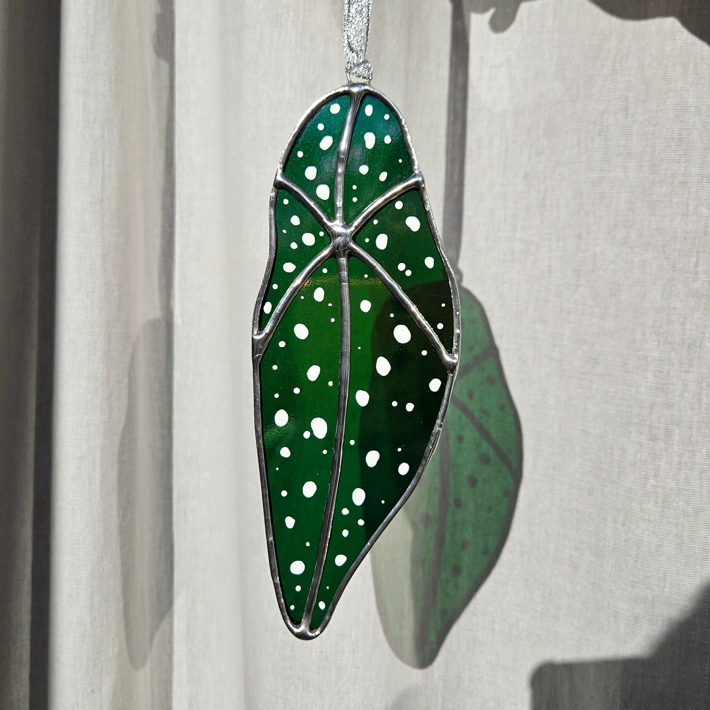 Rainbow Iridescent Green Spotted Begonia Leaf Stained Glass Suncatcher