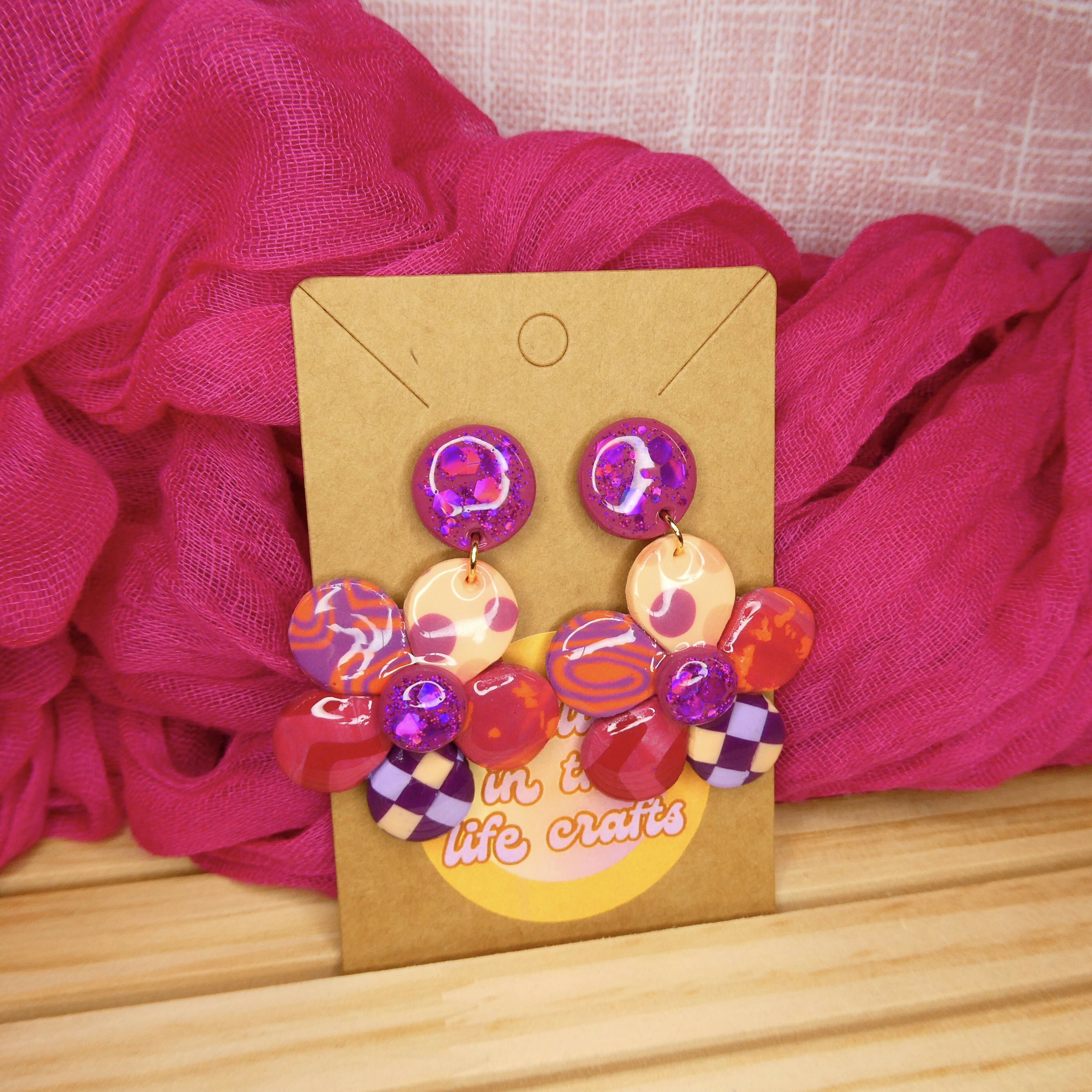 Pink Patchwork Flower Polymer Clay Earrings