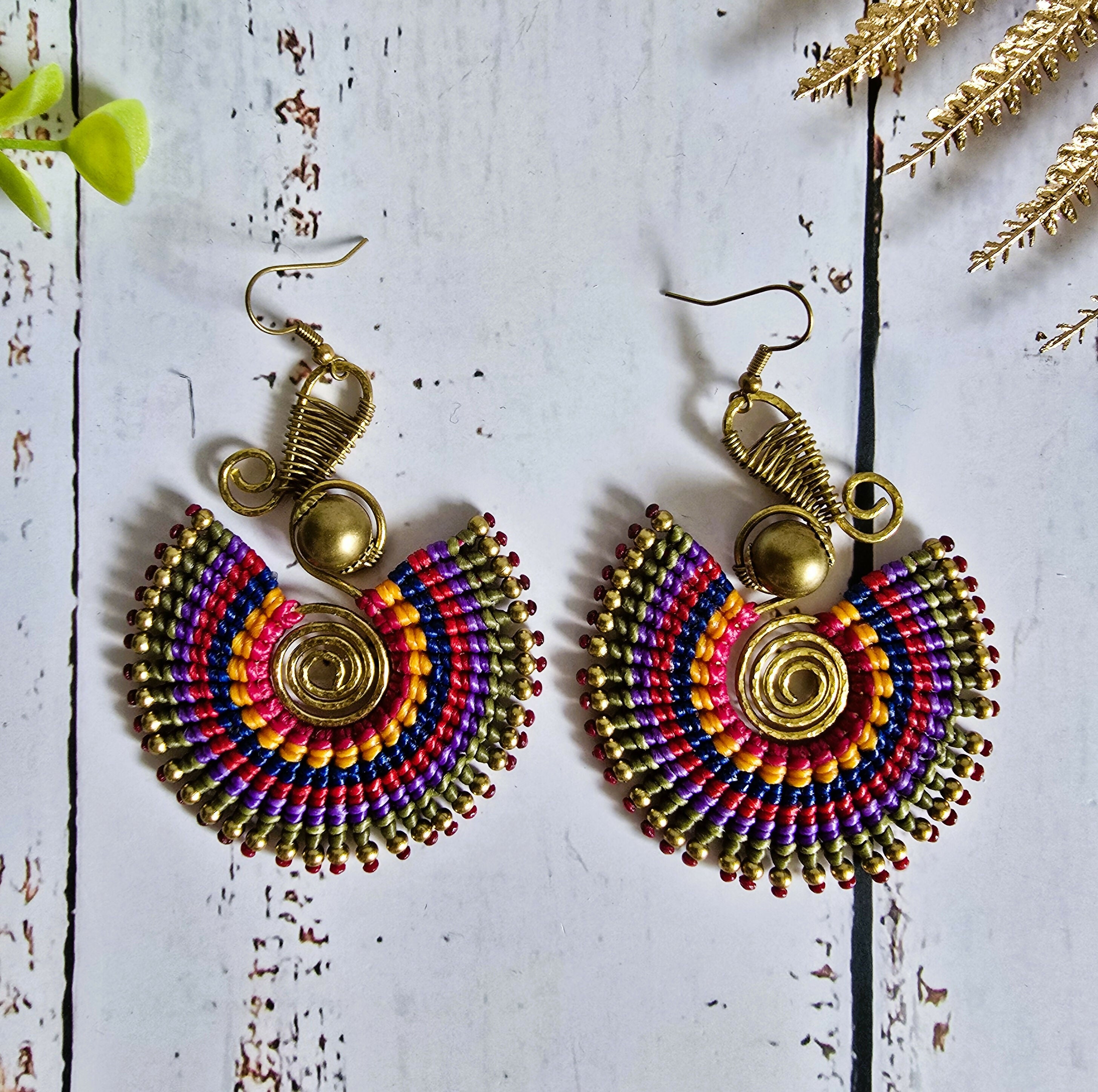 Rainbow Macrame Earrings: Gold Brass Spiral Boho Statement Earrings