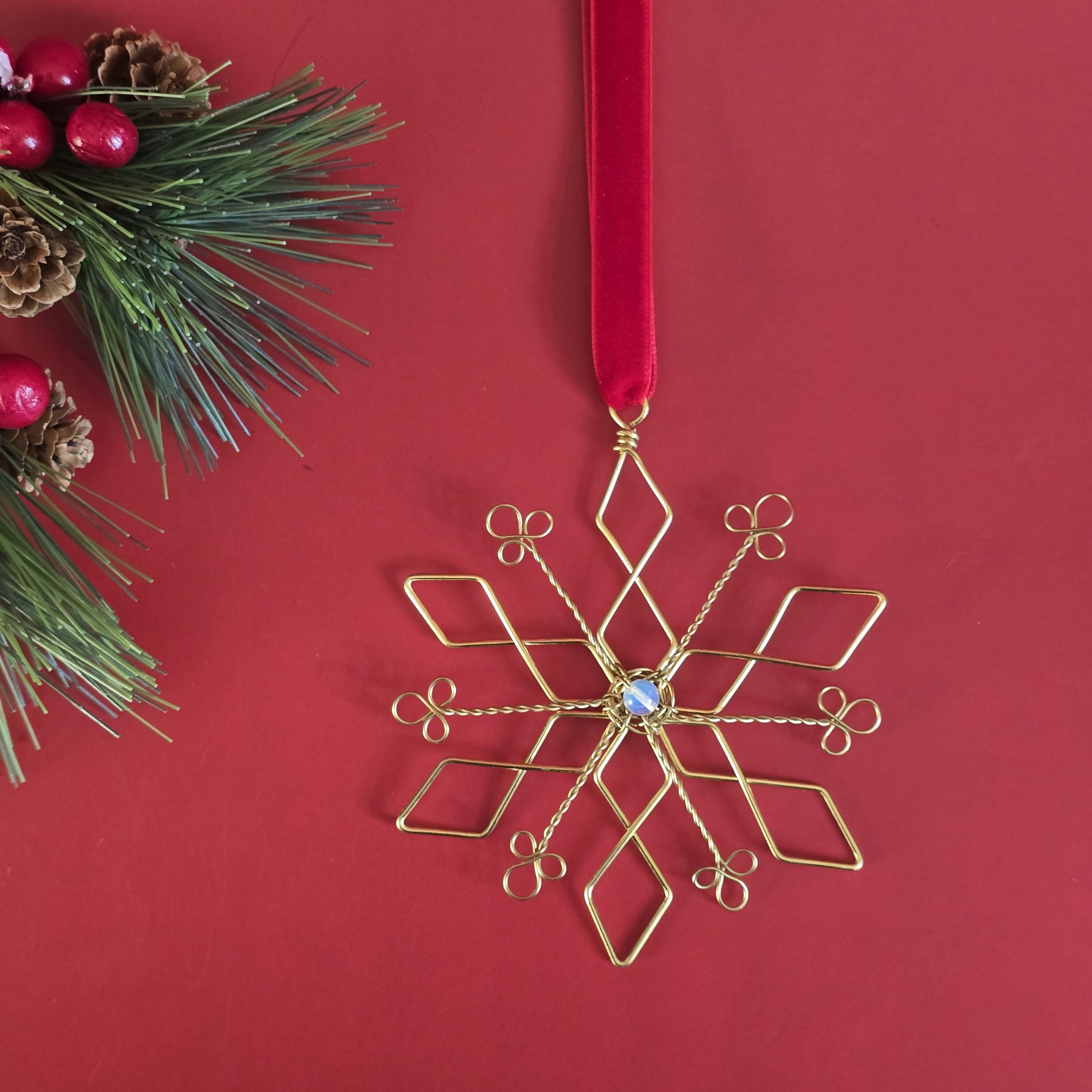 Christmas Snowflake Wire-Art Crystal Tree Hanging; Handmade Ornate Festive Decor