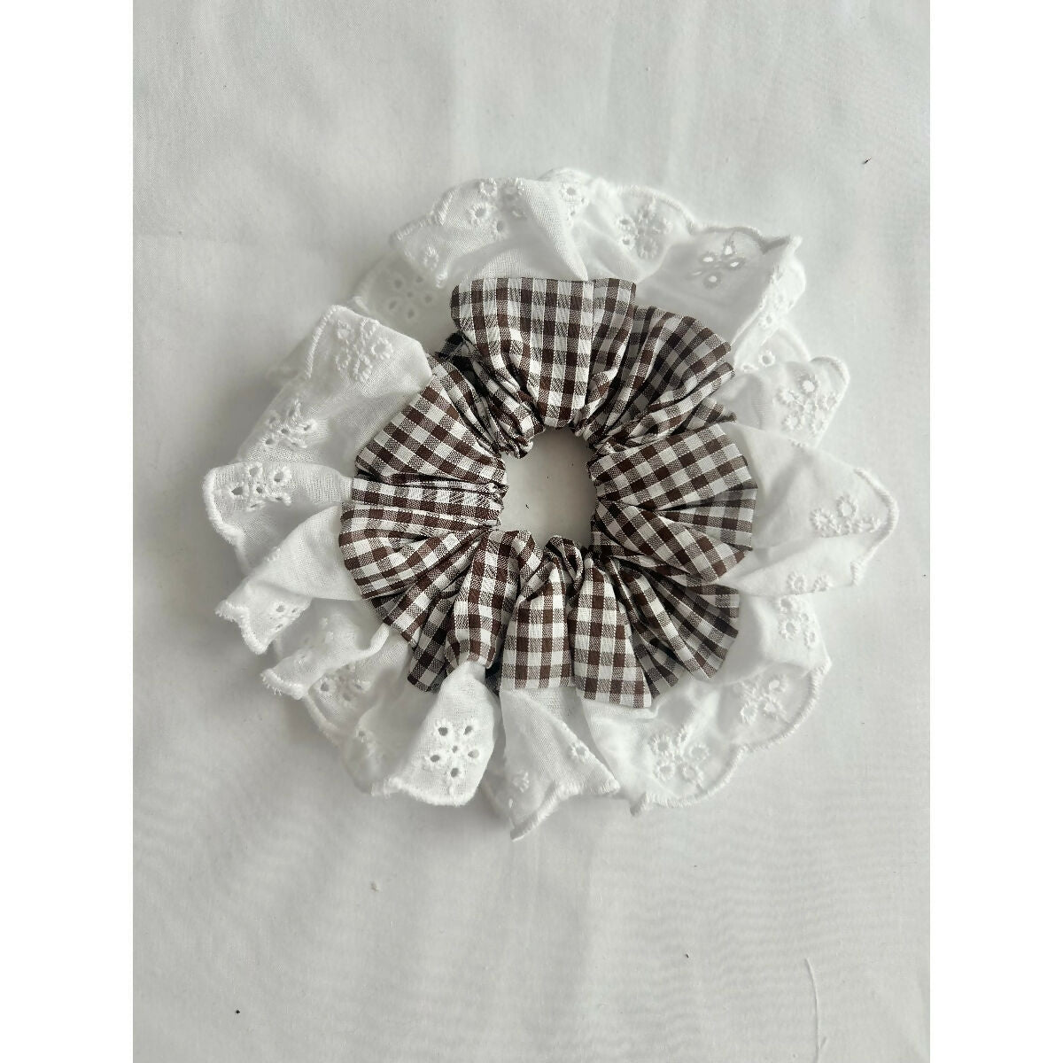 Brown Gingham Oversized Ruffle Broderie Lace Hair Scrunchie