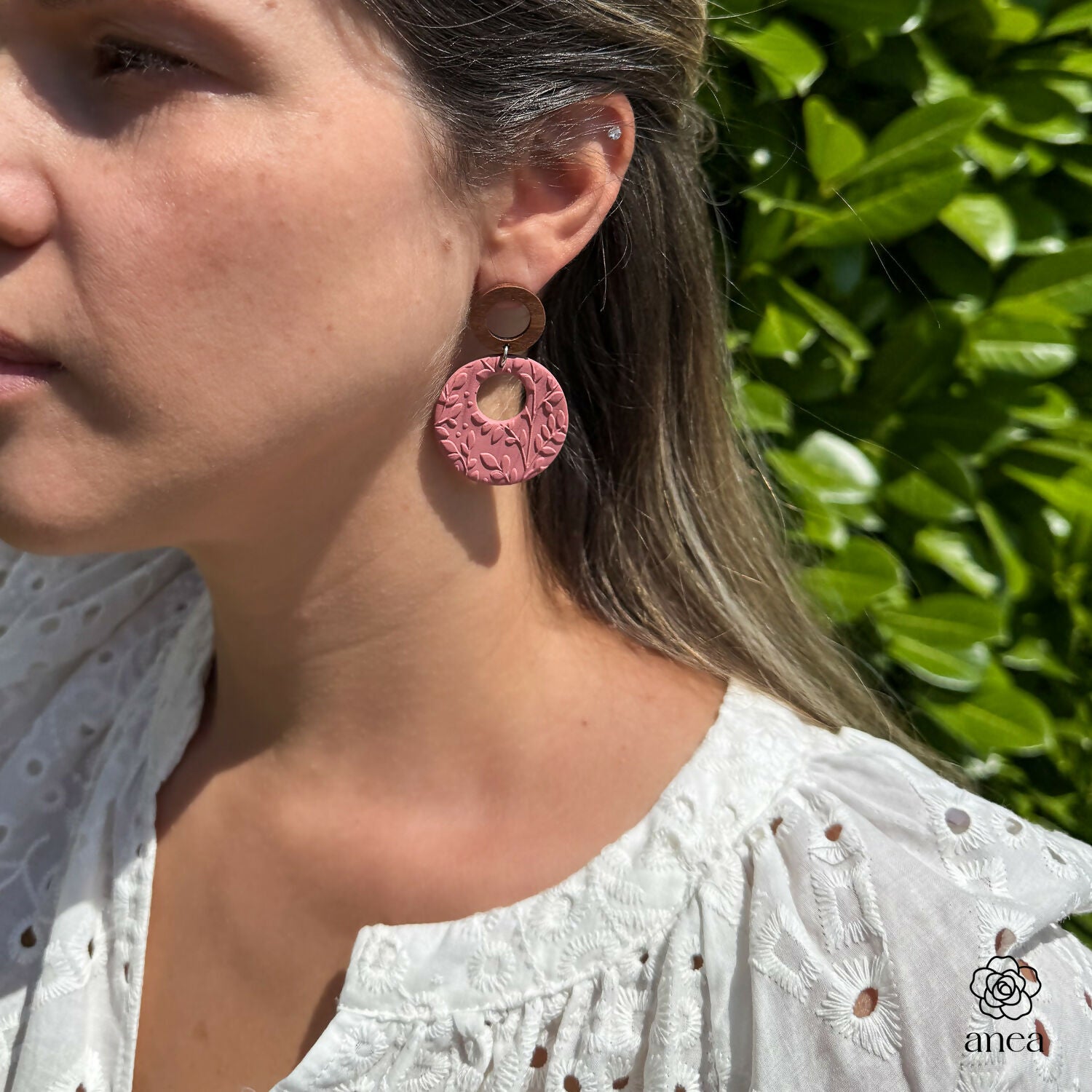 Textured Clay and Walnut Wood Drop Earrings in Soft Terracotta