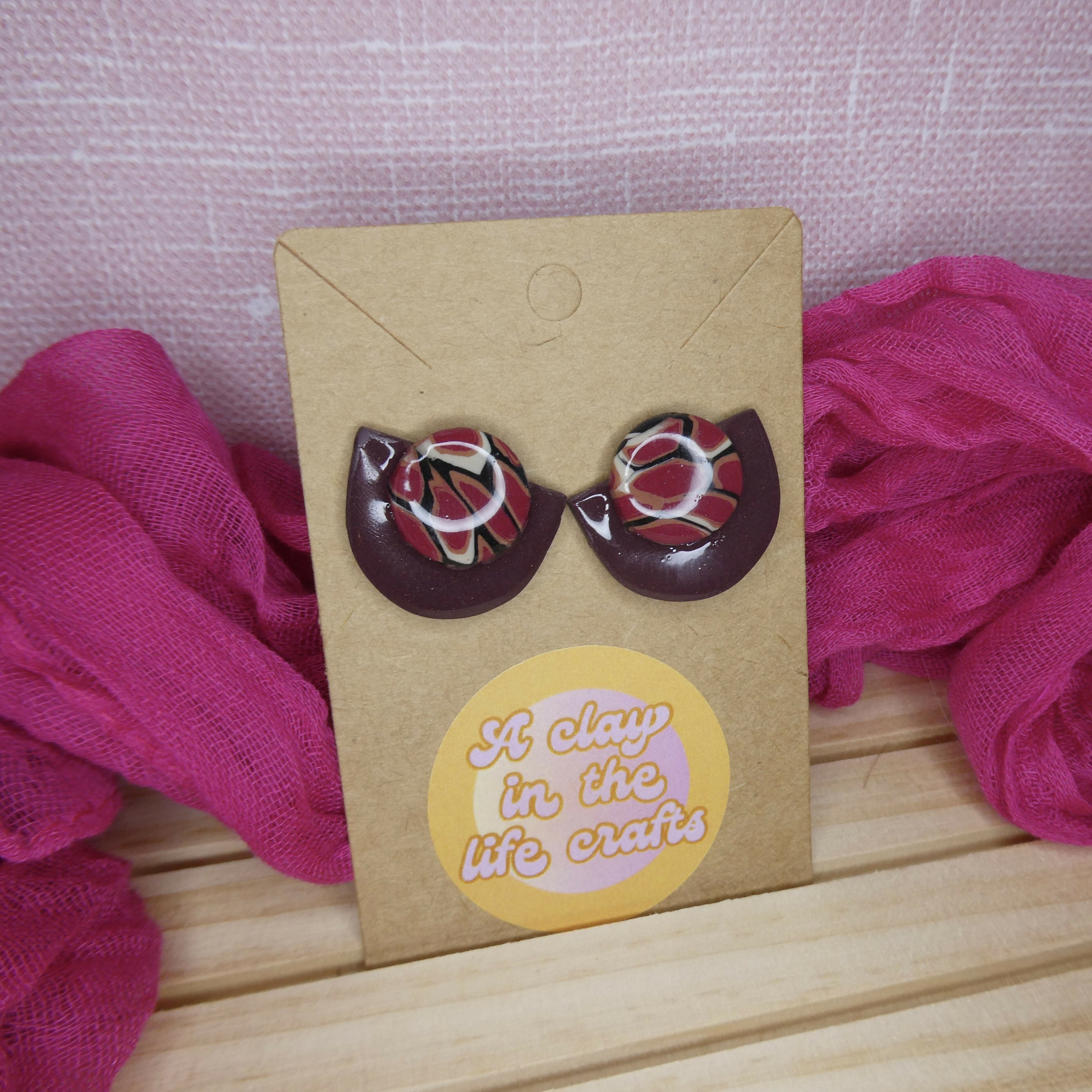 Brown And Red Mosaic Stud Polymer Clay Earrings