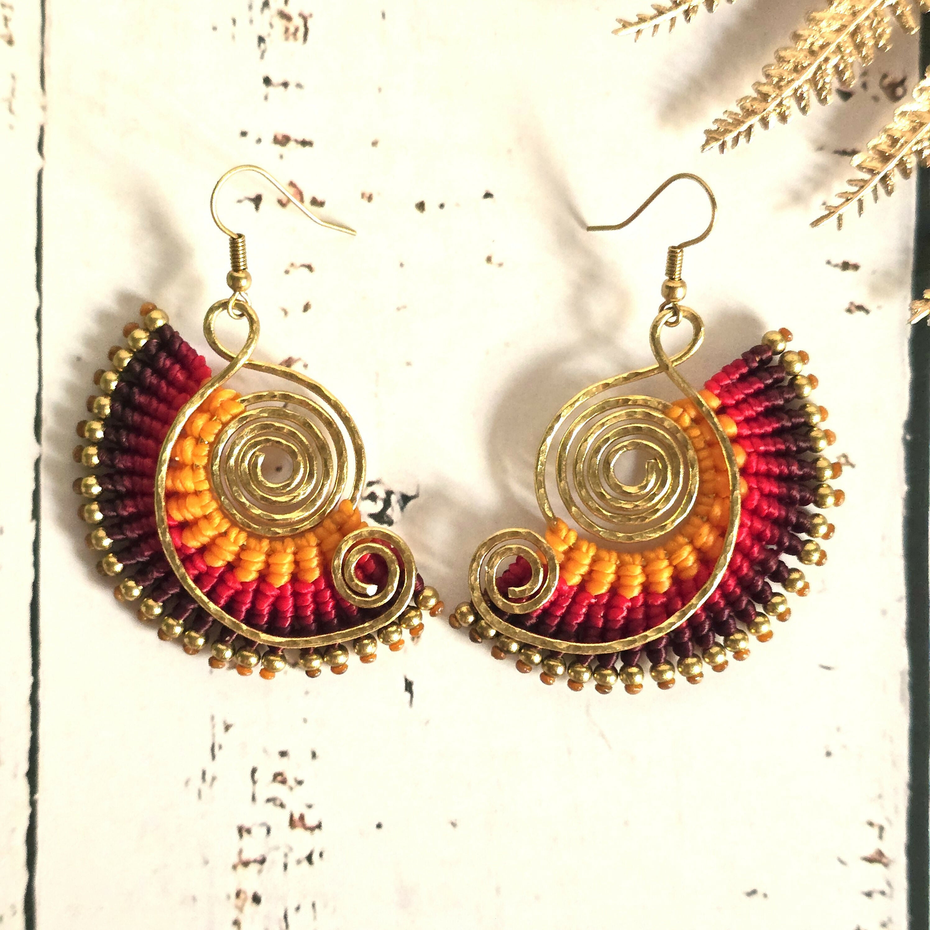 Sunset Macrame Earrings; Golden Spiral Knotted Cord Boho Red Orange Yellow Earrings