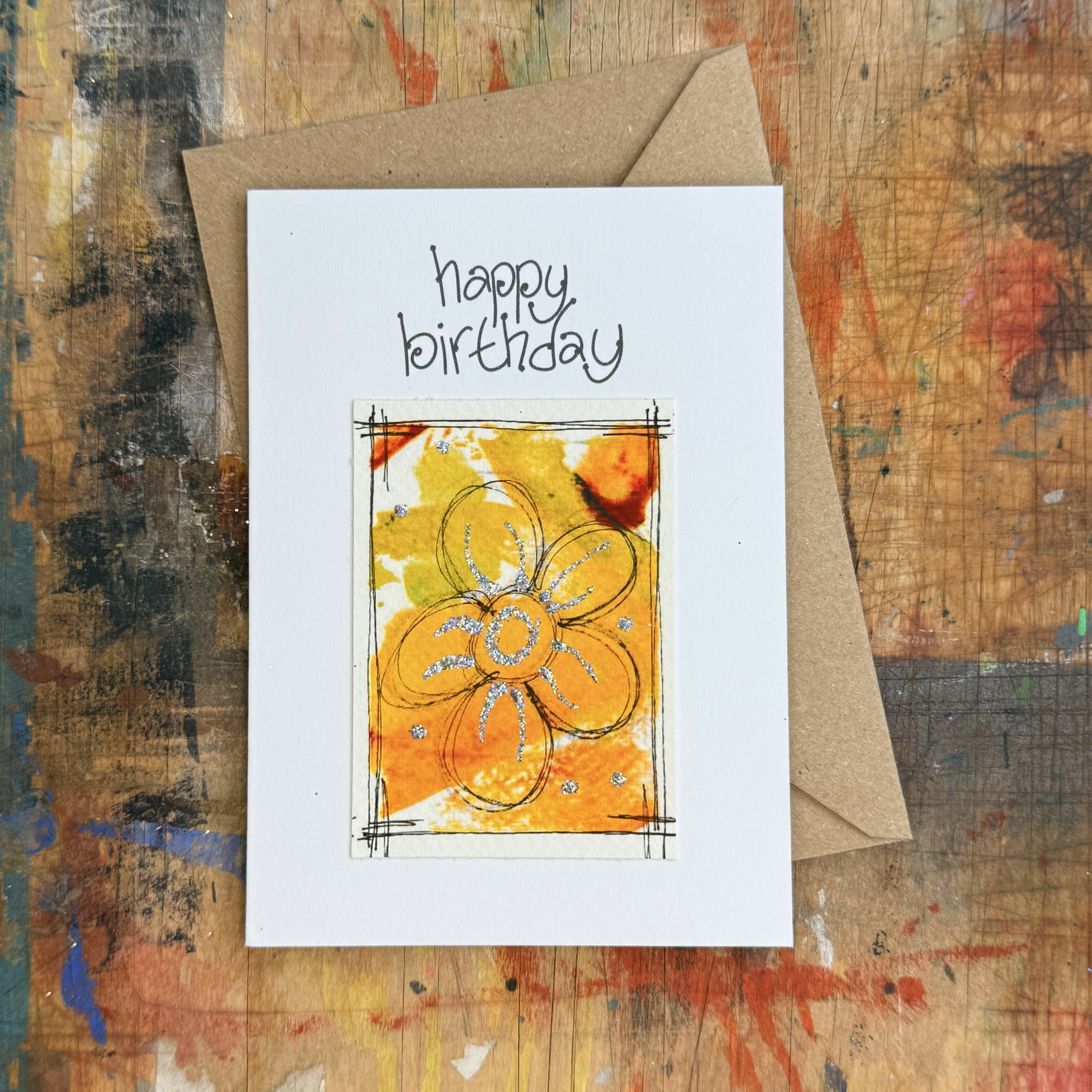 Abstract Sparkle Flower Birthday Card in Yellow