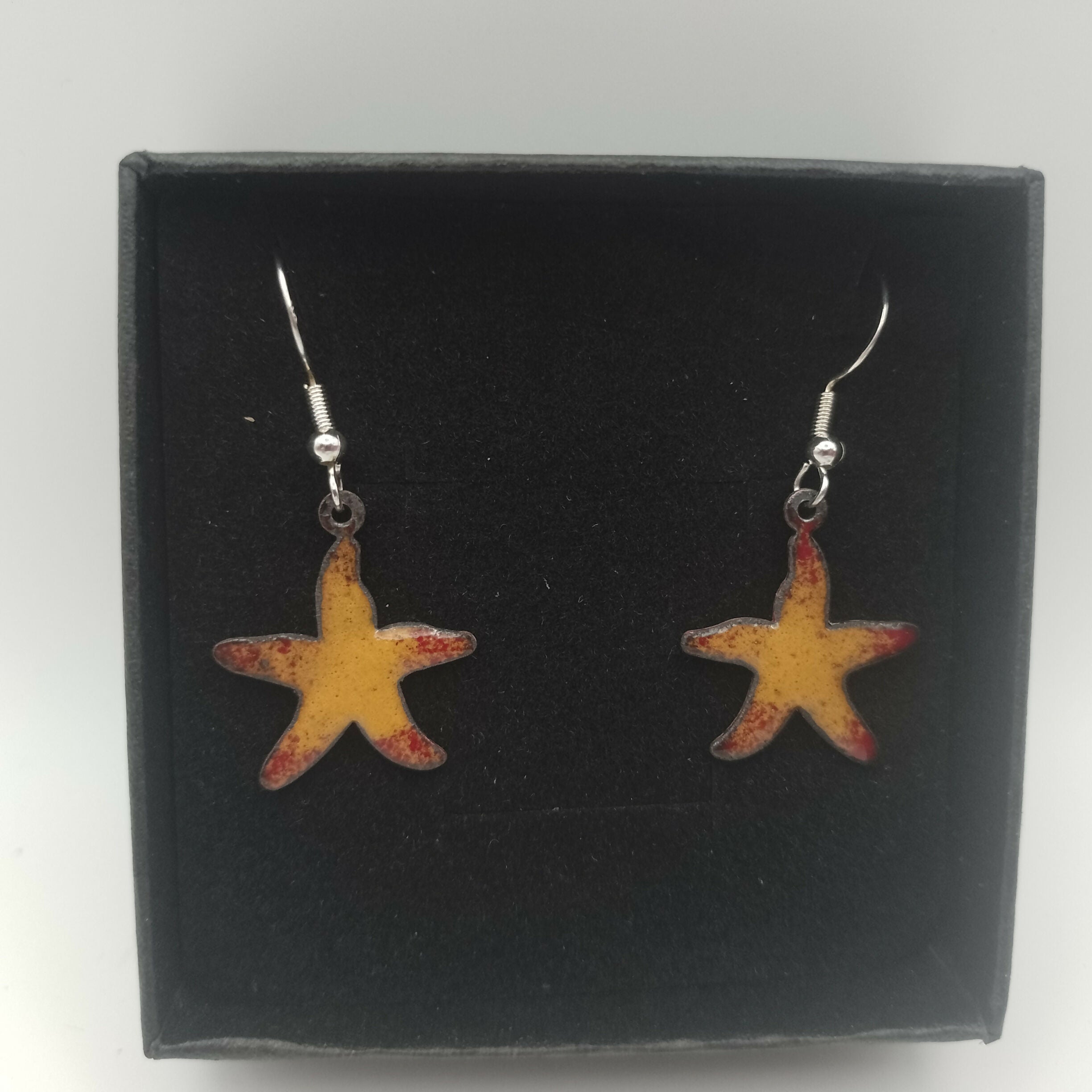 Apricot Yellow and Red Tipped Enamel Starfish Earrings