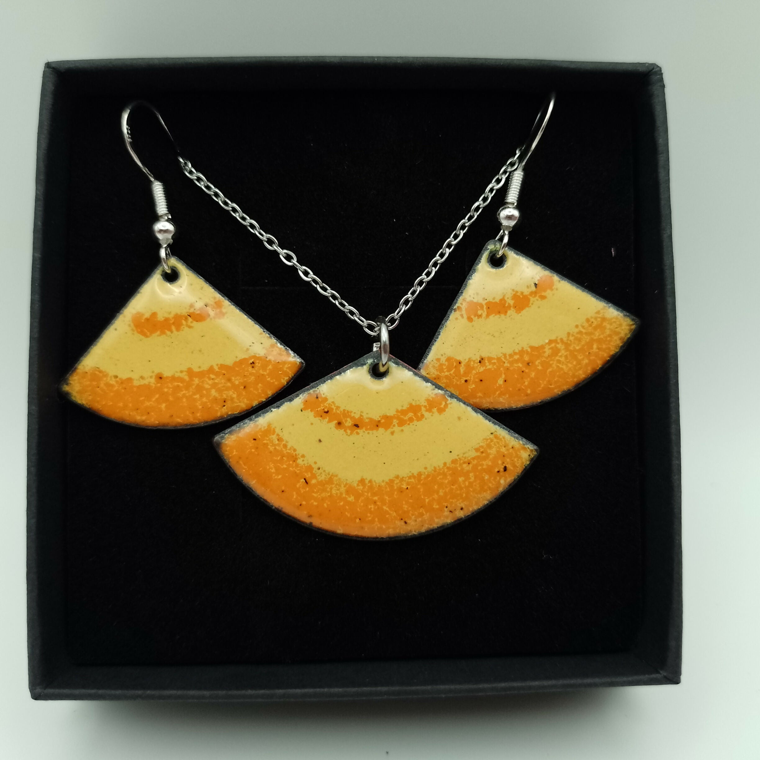 Yellow and Tangerine Orange Fan Enamel Earring and Pendant Set