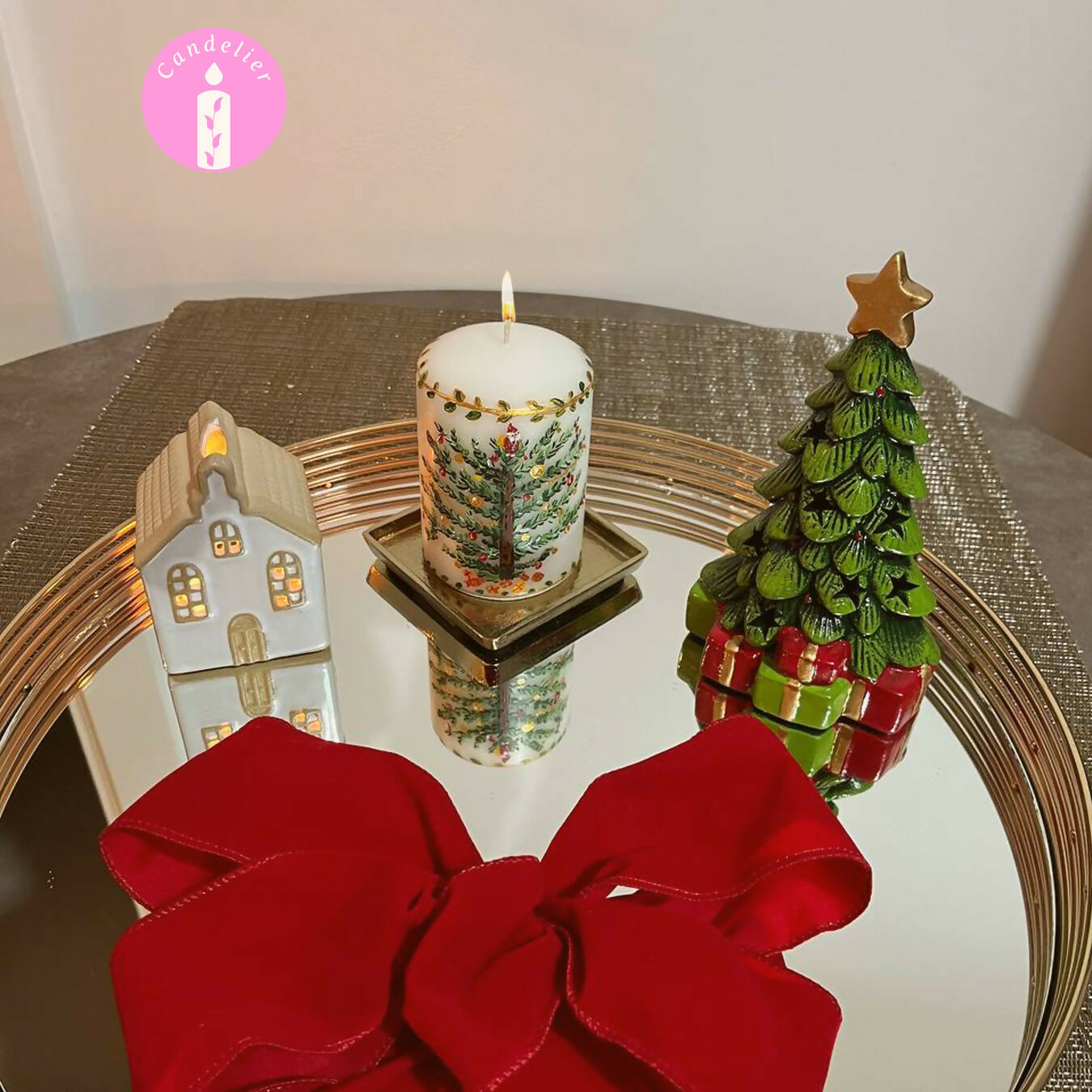 Christmas Tree Design On White Candle
