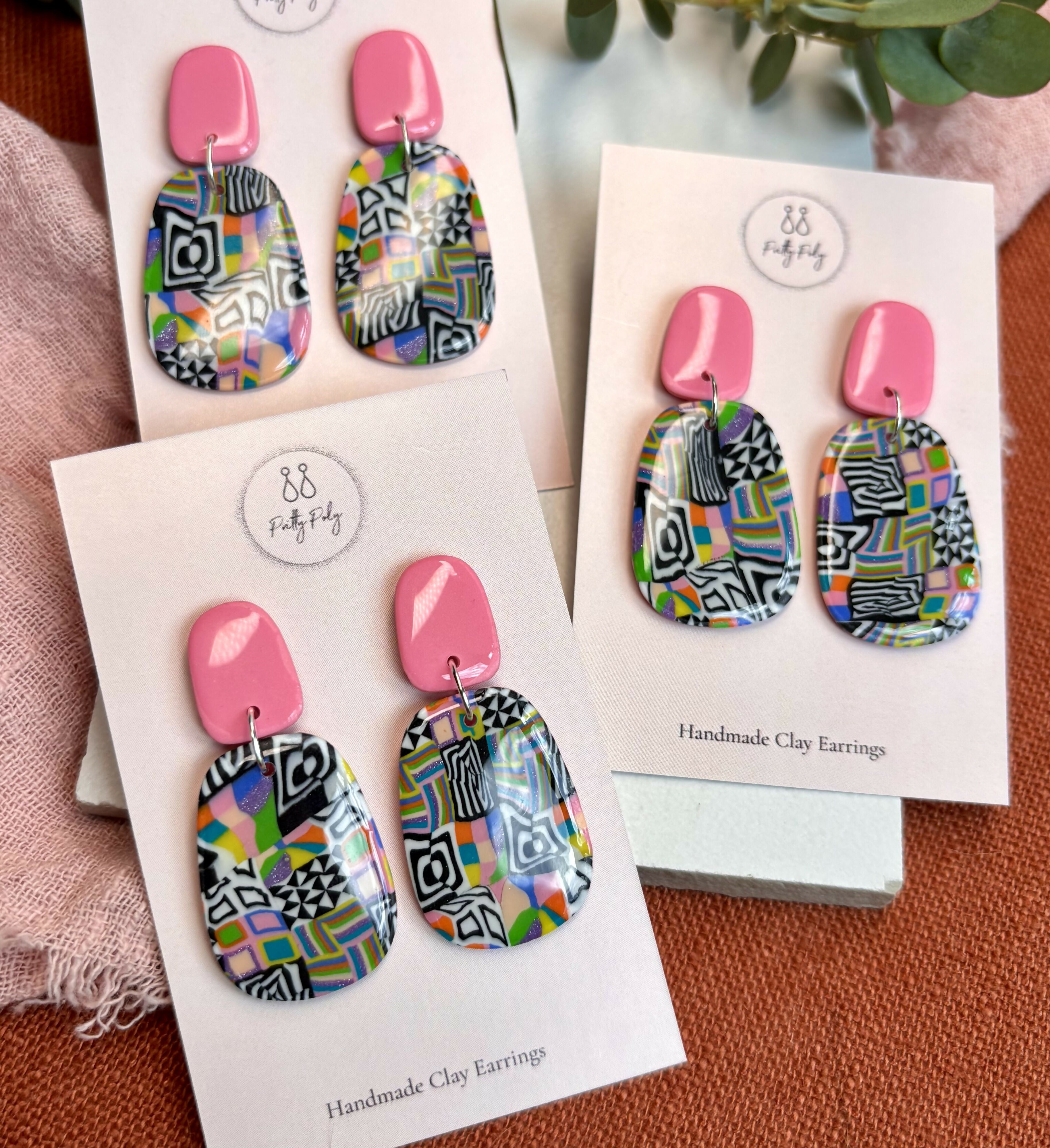 Funky Pattern Collection - Pink Dangle Polymer Clay Earrings