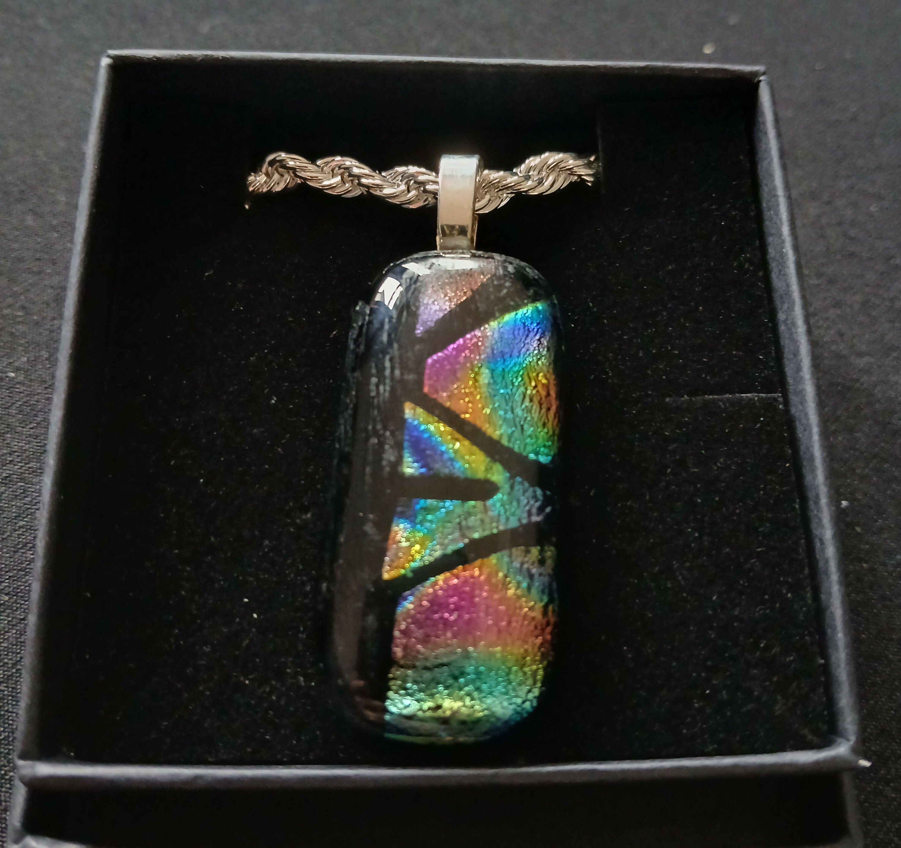 Fused Dichroic Glass Rectangular Pendant with a 925 Silver Chain Necklace (Rainbow and Black)