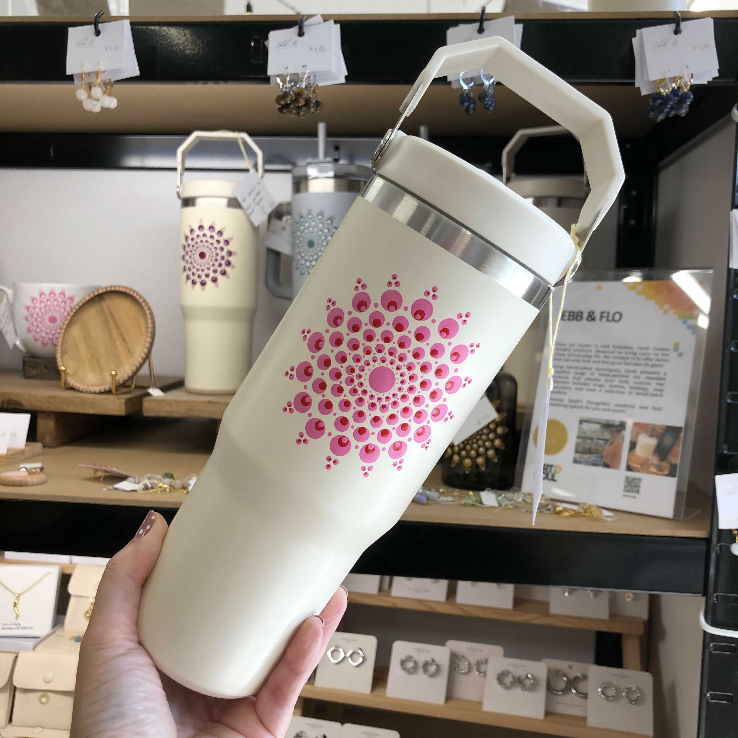 Hand Painted Dot Mandala Thermal Water Bottle with Handle: Cream with Pink and Red