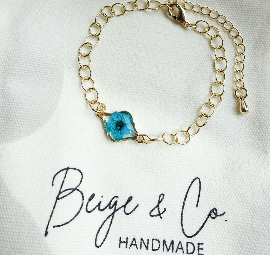 Real Pressed Flower Gold Bracelet - Blue
