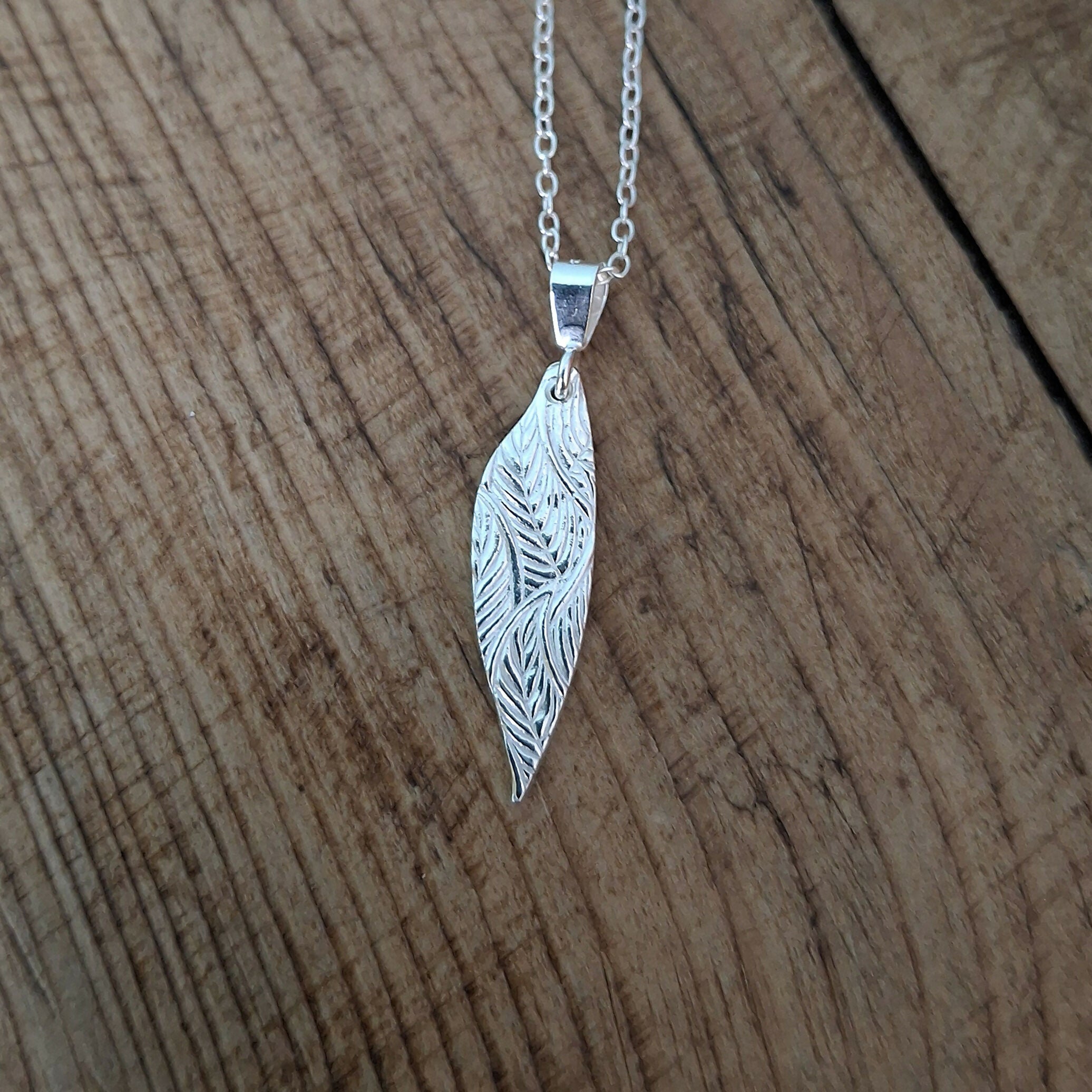 Handmade Silver Drop Leaf Necklace Leafy Texture