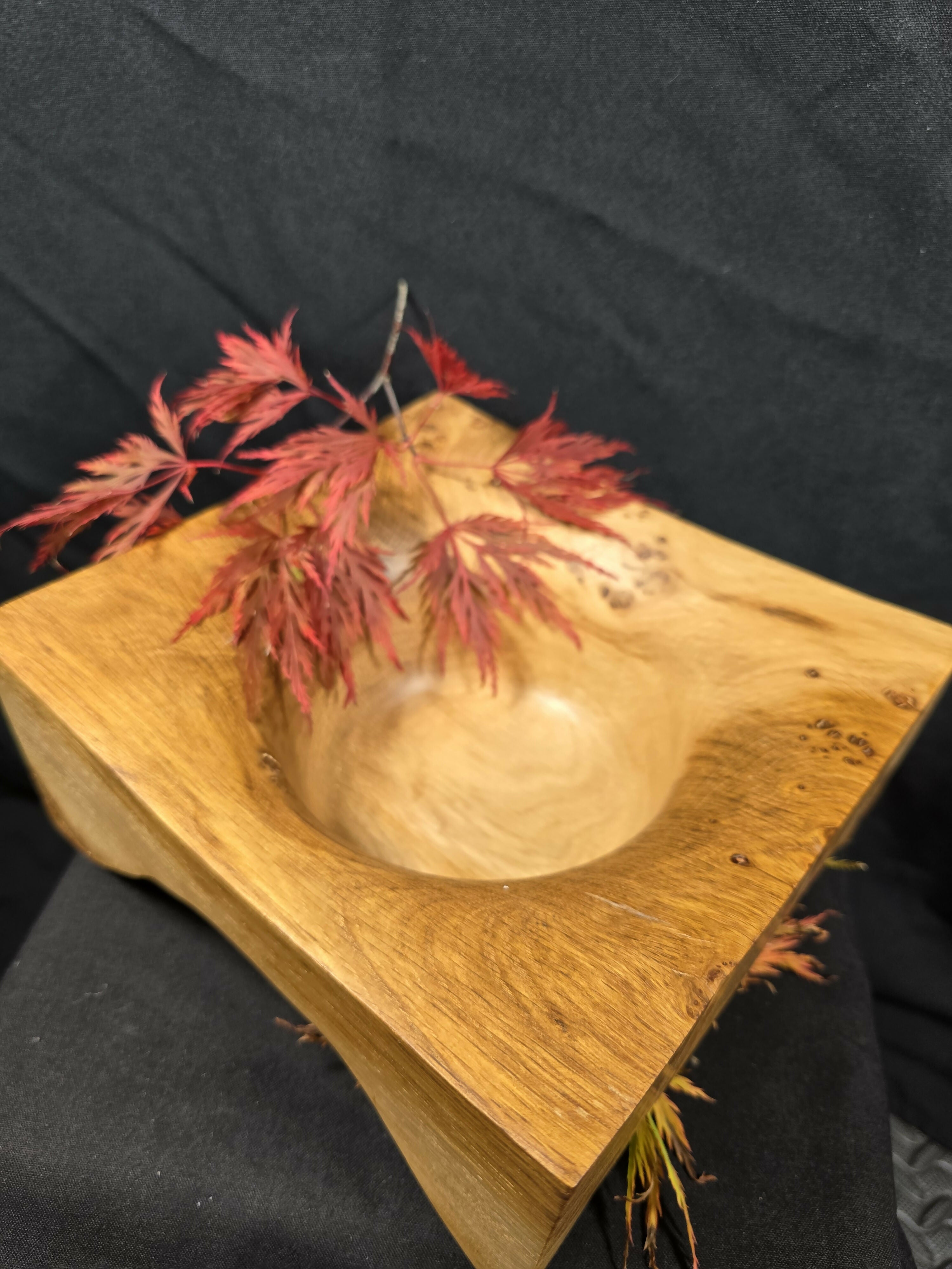 Huge Hand Turned Square Oak Burr Bowl
