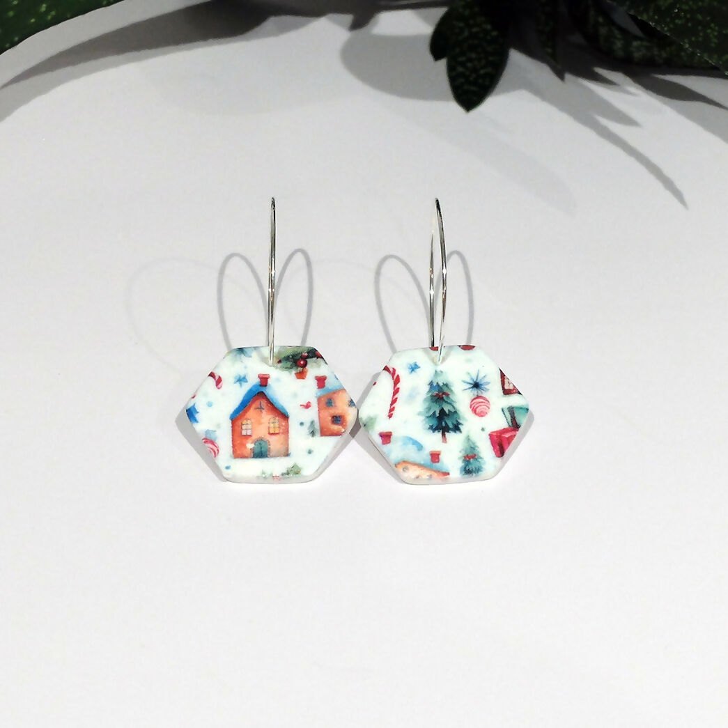 Christmas Gingerbread Village Hoop Earrings - Handmade Polymer Clay - Polly Plant