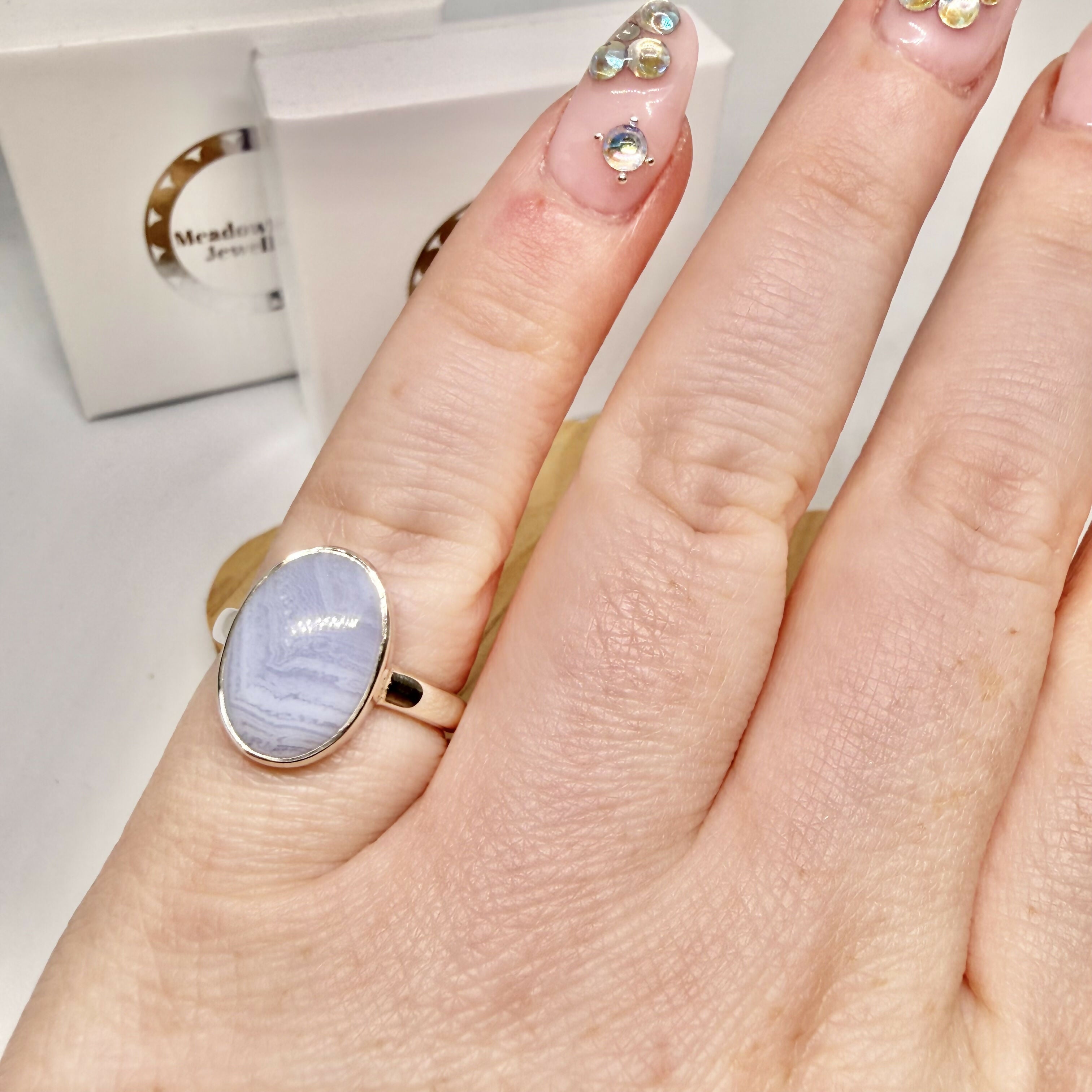 BLUE LACE AGATE OVAL RING SIZE N