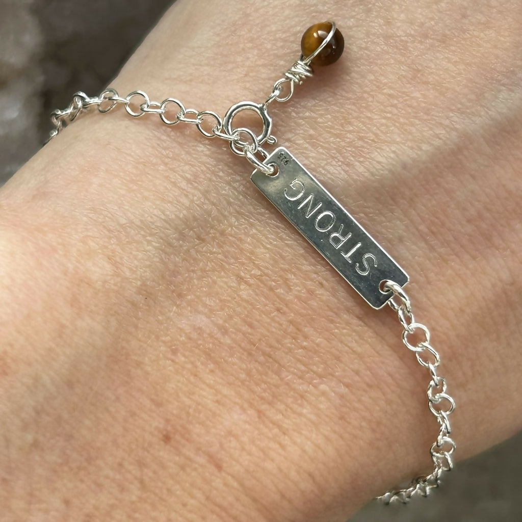 Handmade Sterling Silver 'I Am Strong' Tiger's Eye Charm Bracelet