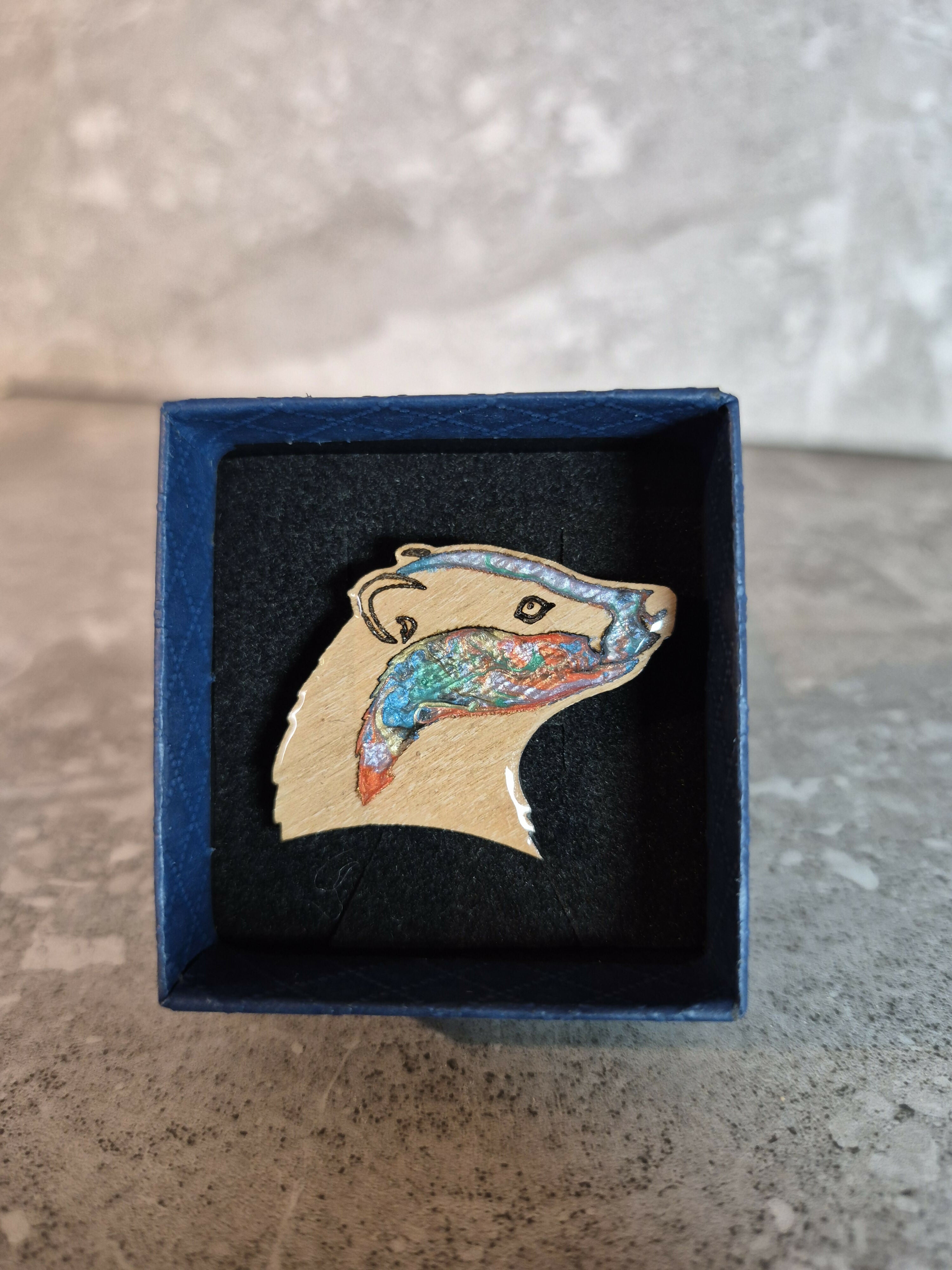 Handcrafted Cherry Veneered Badger Head Pin