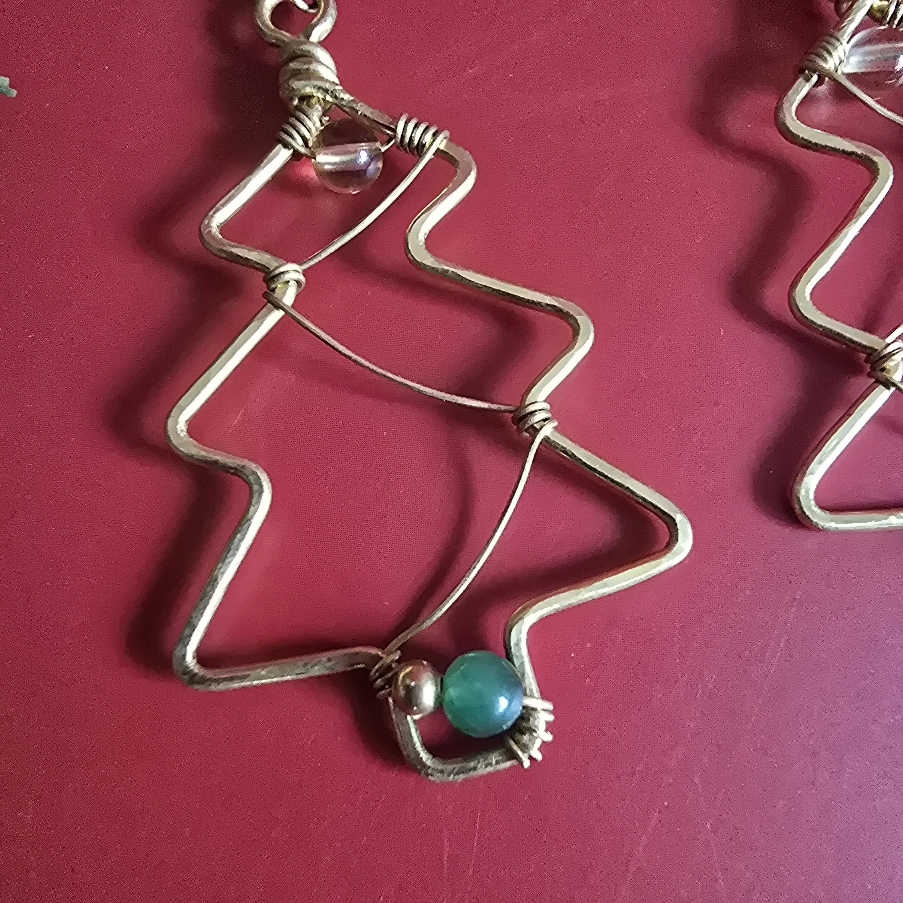 Christmas Tree Brass Wire Earrings; Jade Citrine Crystal Gold Handmade Festive Earrings