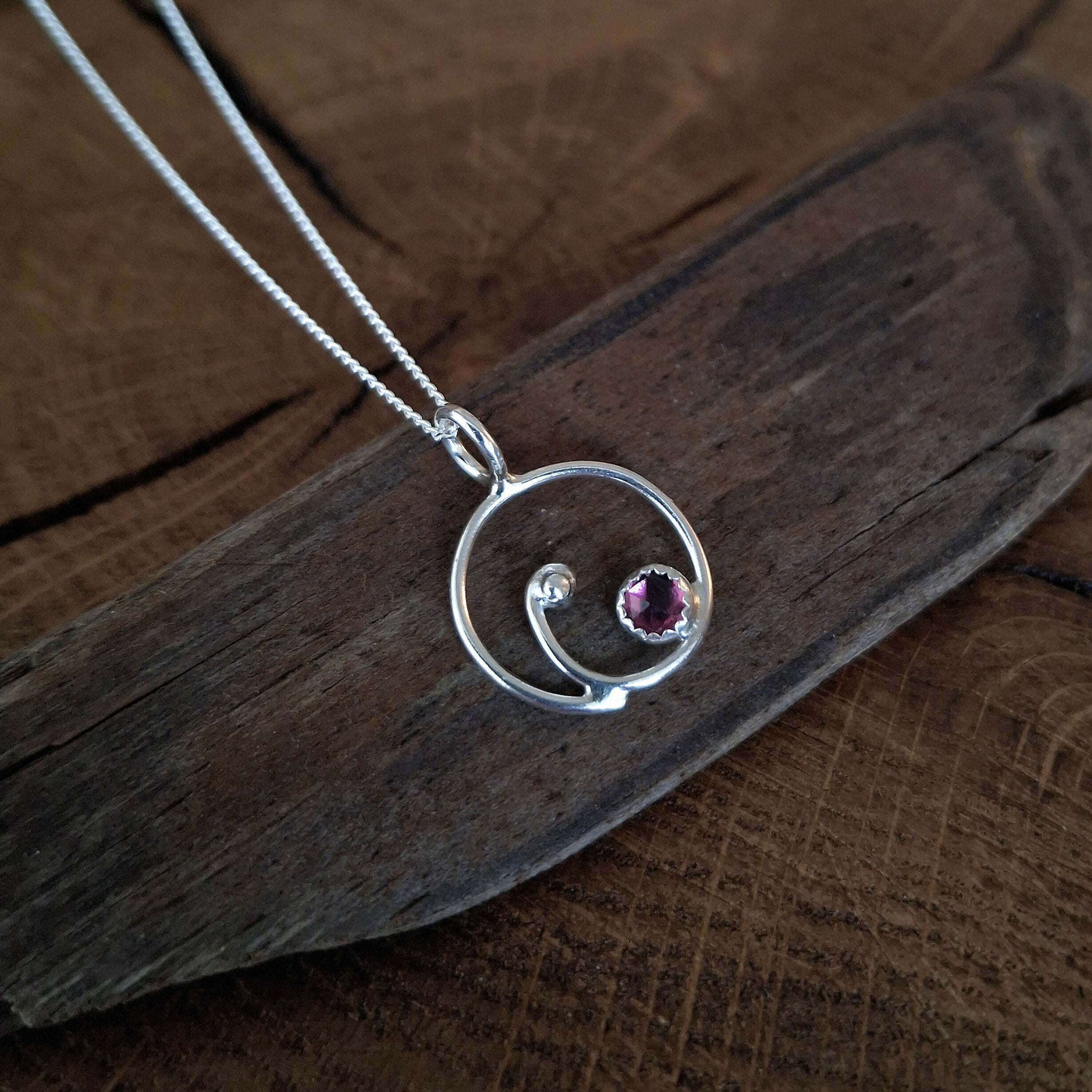 Handmade Silver Swirl Necklace With Garnet