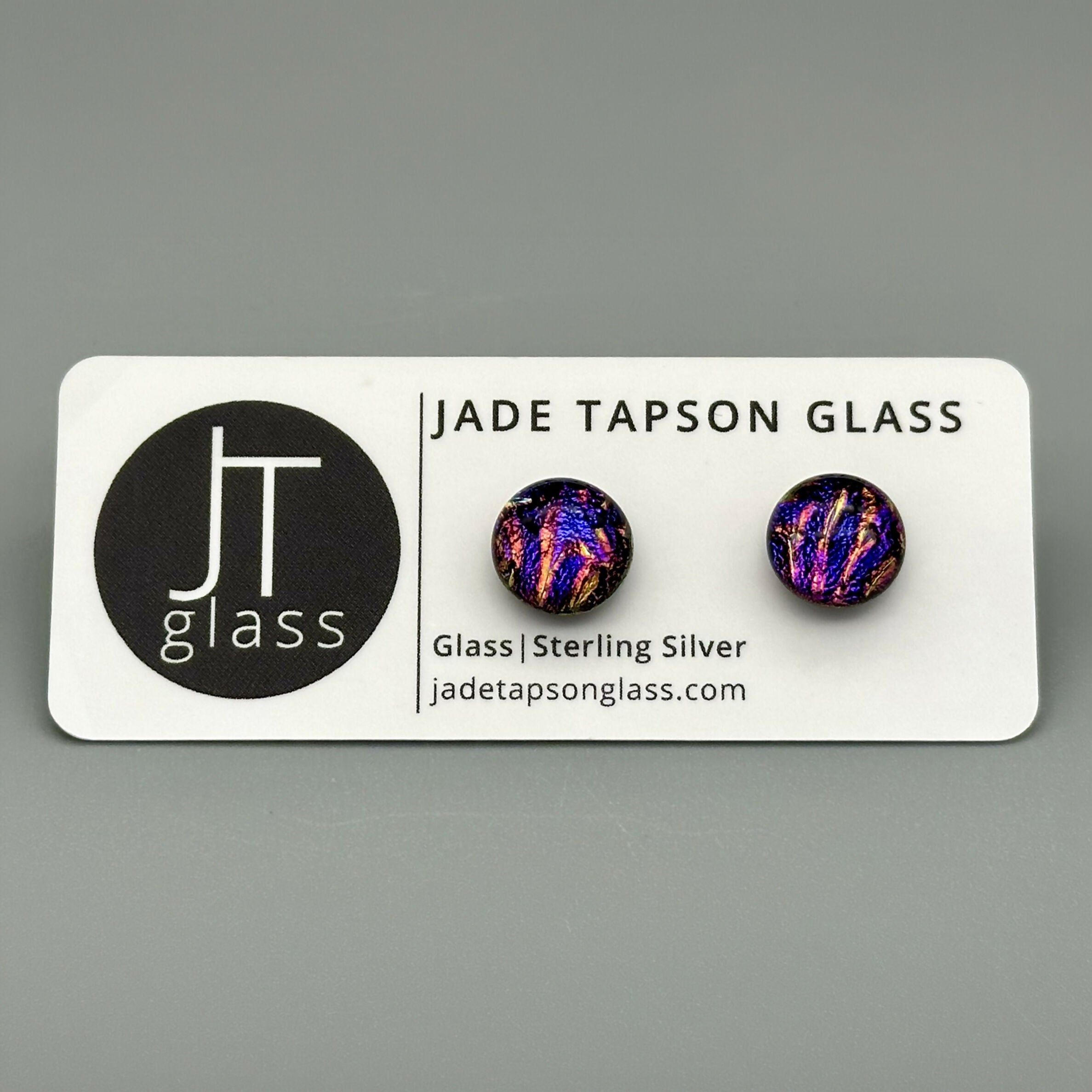 Pink & Purple Flower Dichroic Fused Glass Sterling Silver Stud Earrings - Handmade by Jade Tapson Glass.