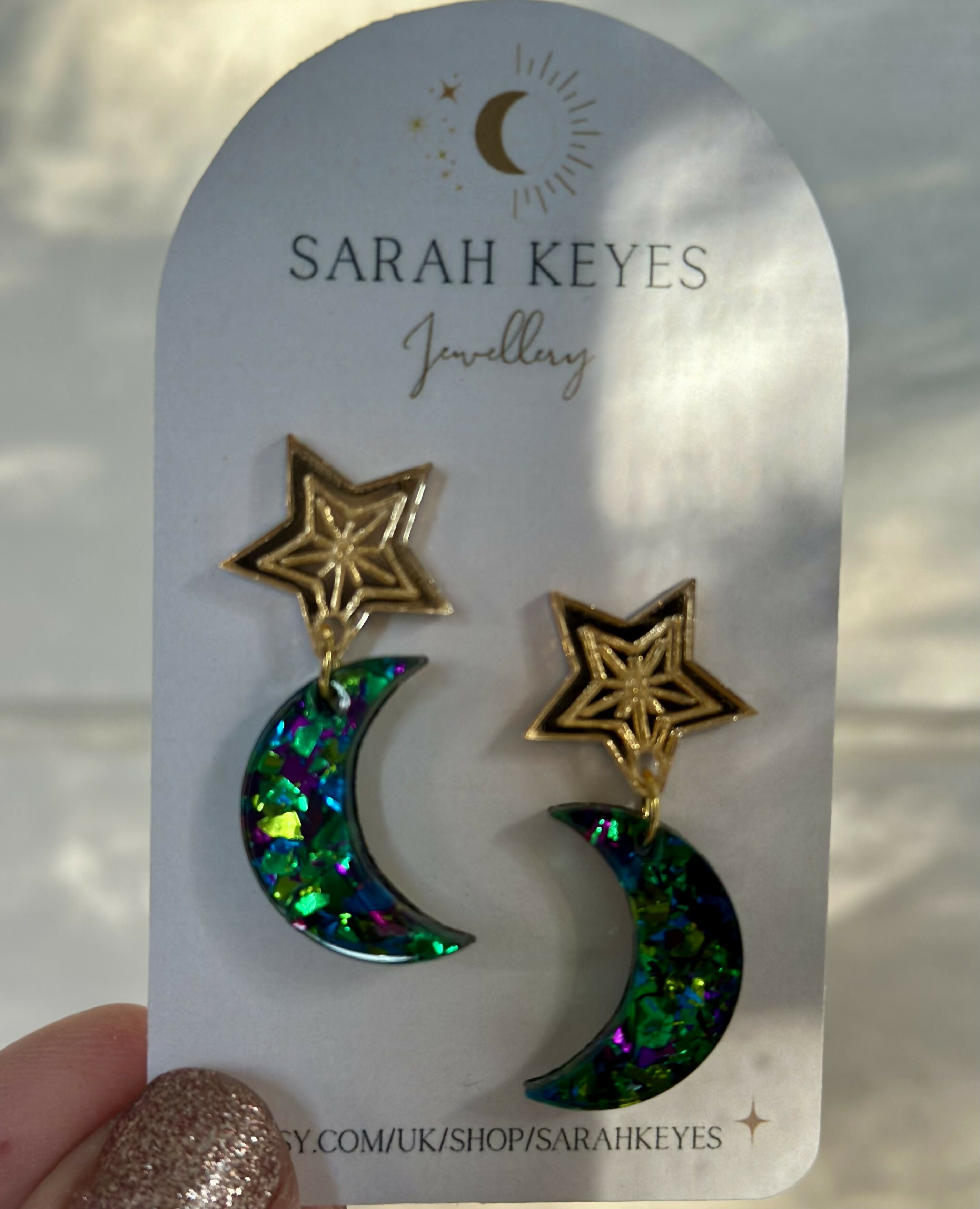 Christmas, Glittery Dangly Moon and Star Earrings