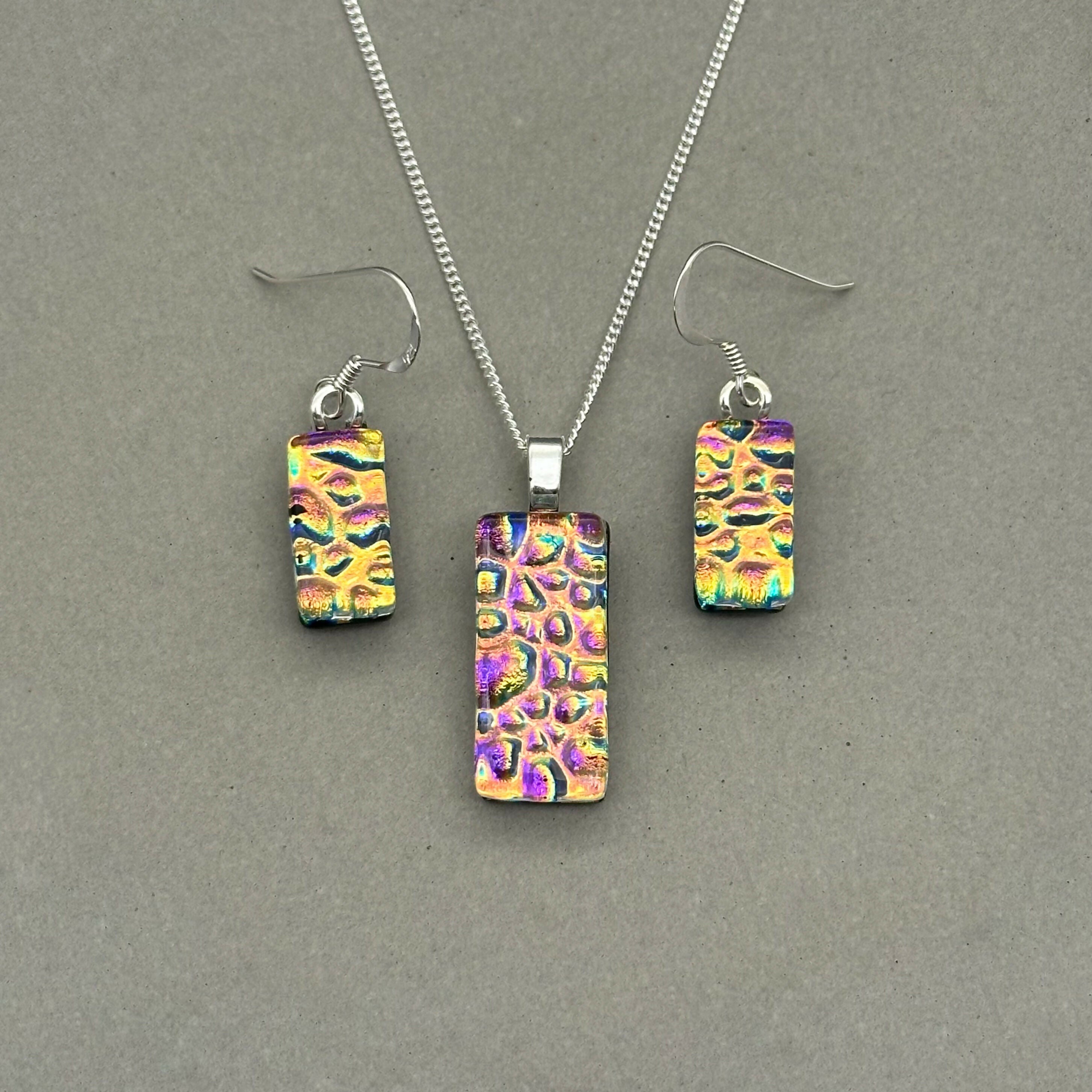 Pink & Orange Raindrop Dichroic Glass Necklace and Earrings Set - Sterling Silver, Handmade by Jade Tapson Glass