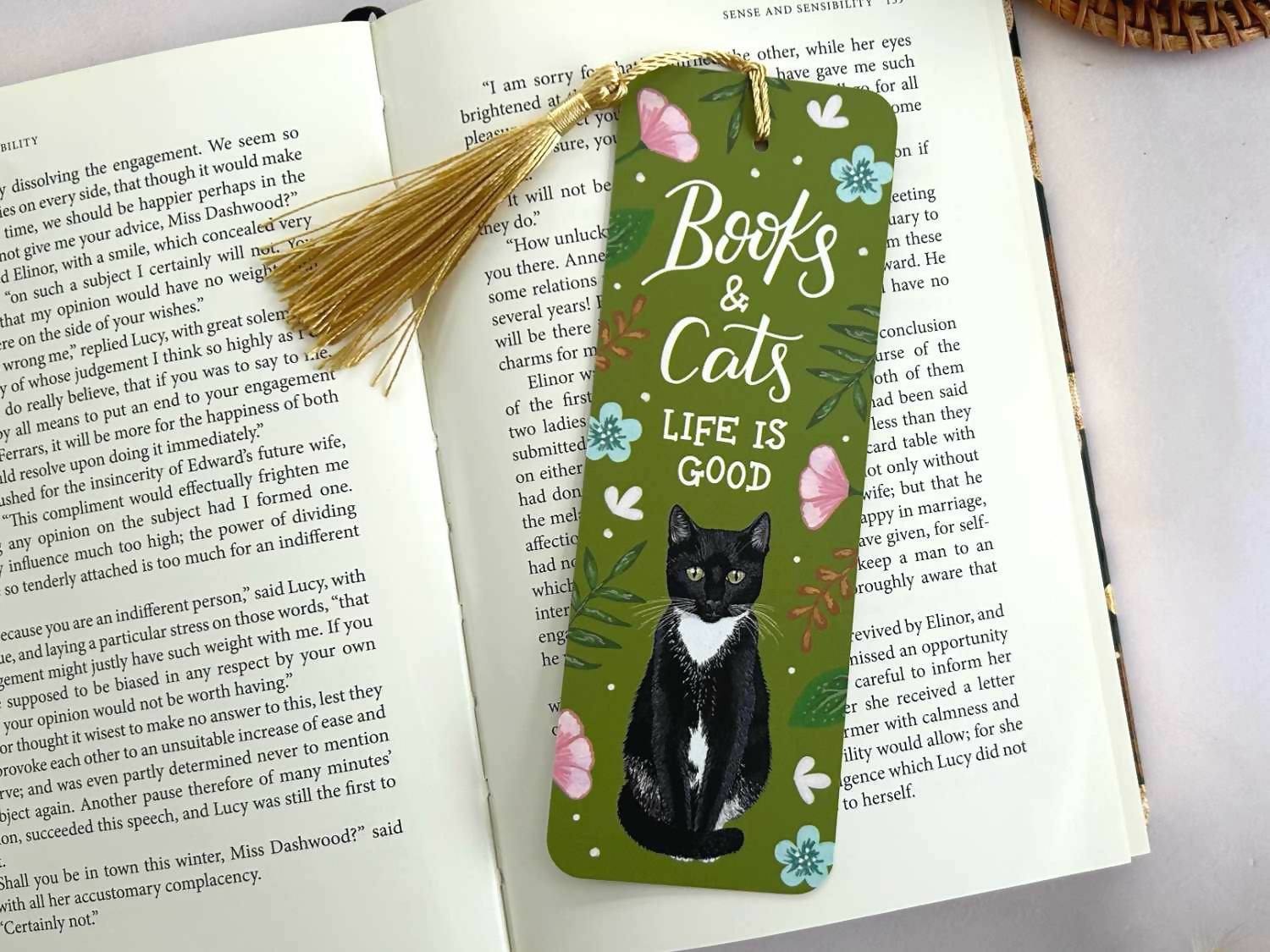 Tuxedo Cat Floral Bookmark