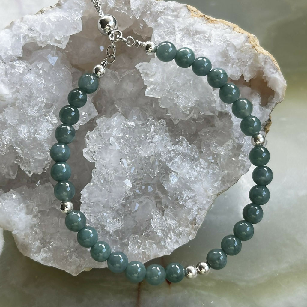 Handmade Sterling Silver Blue Water Jade Beaded Bracelet