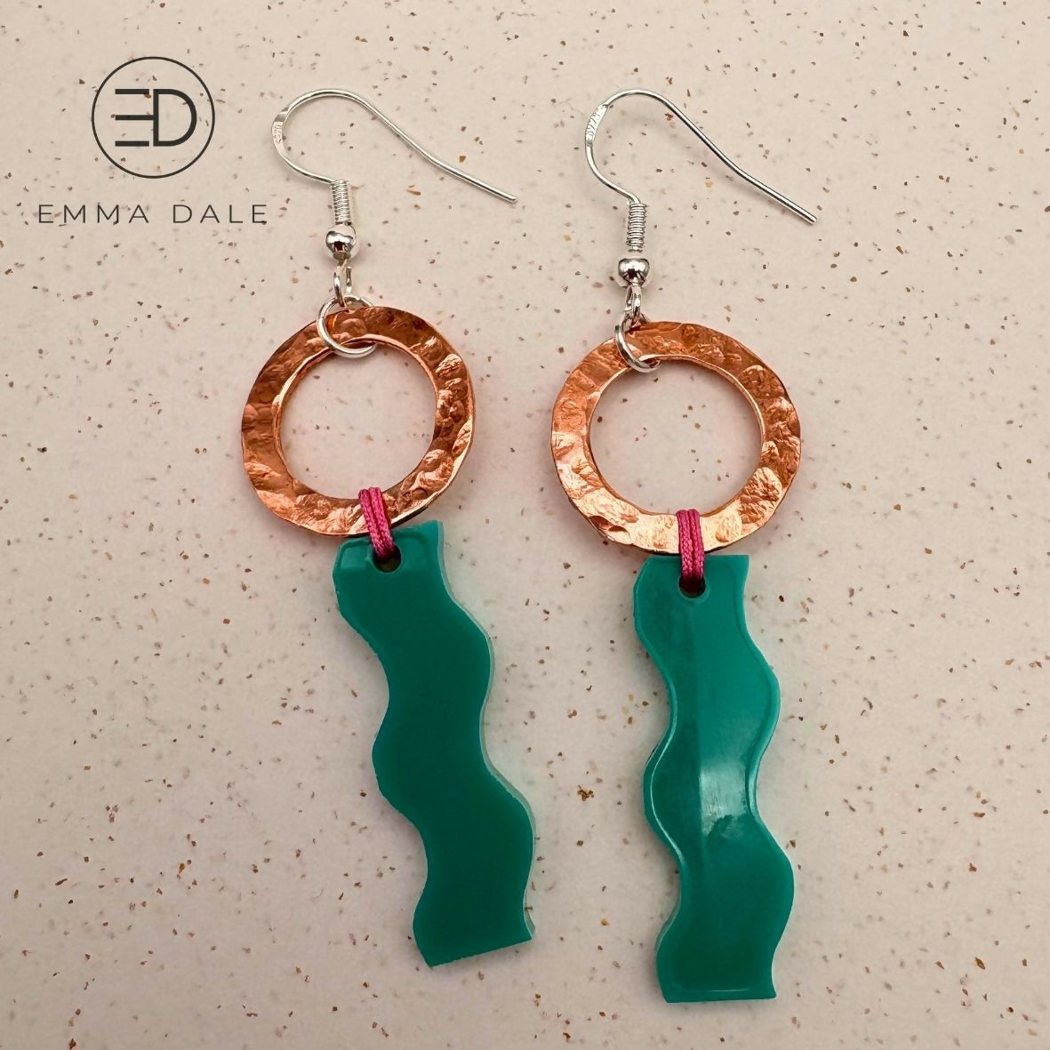 Green Wave Acrylic & Hand-Hammered Copper Earrings