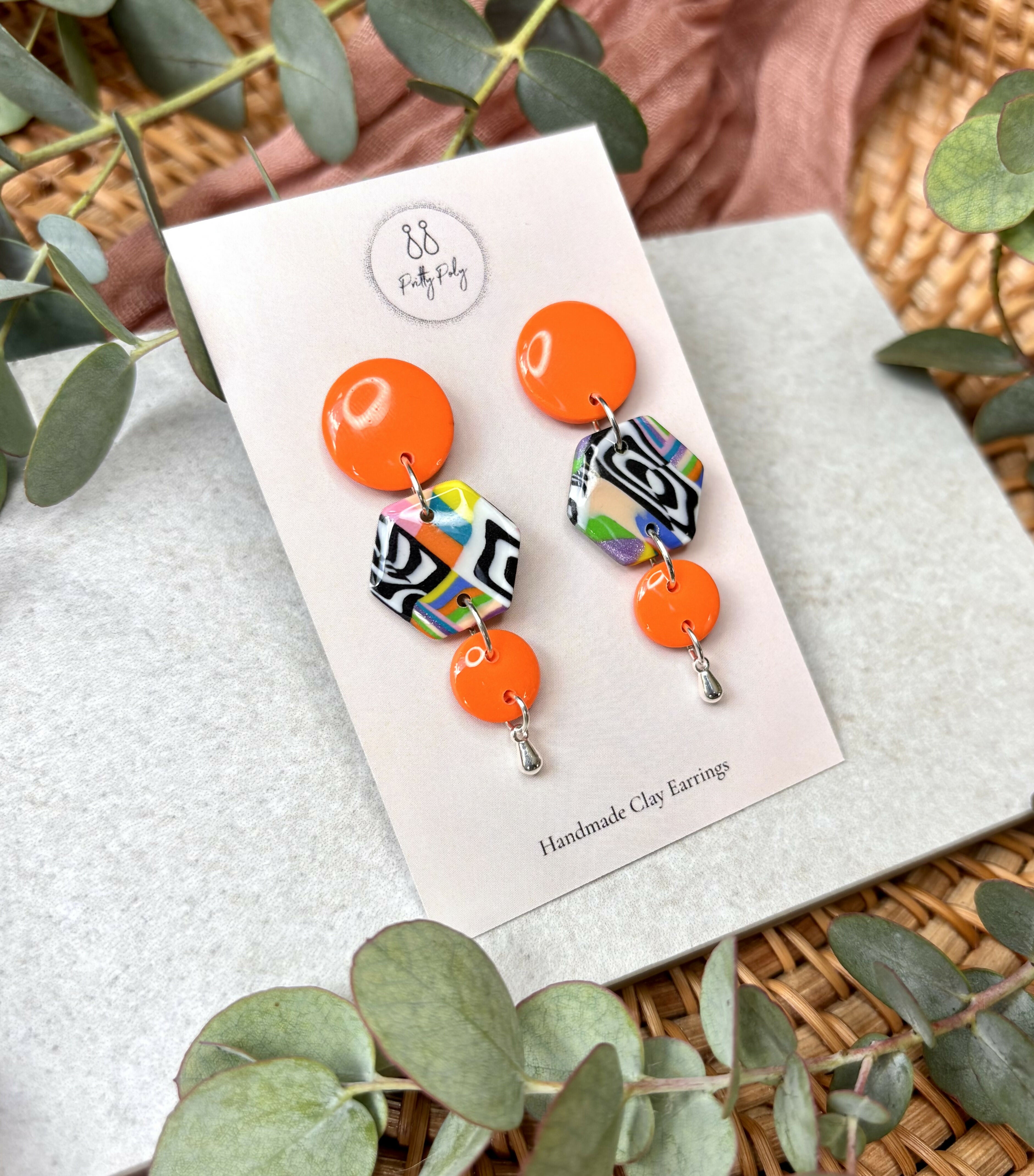Funky Pattern Collection - Orange Droplet Polymer Clay Earrings
