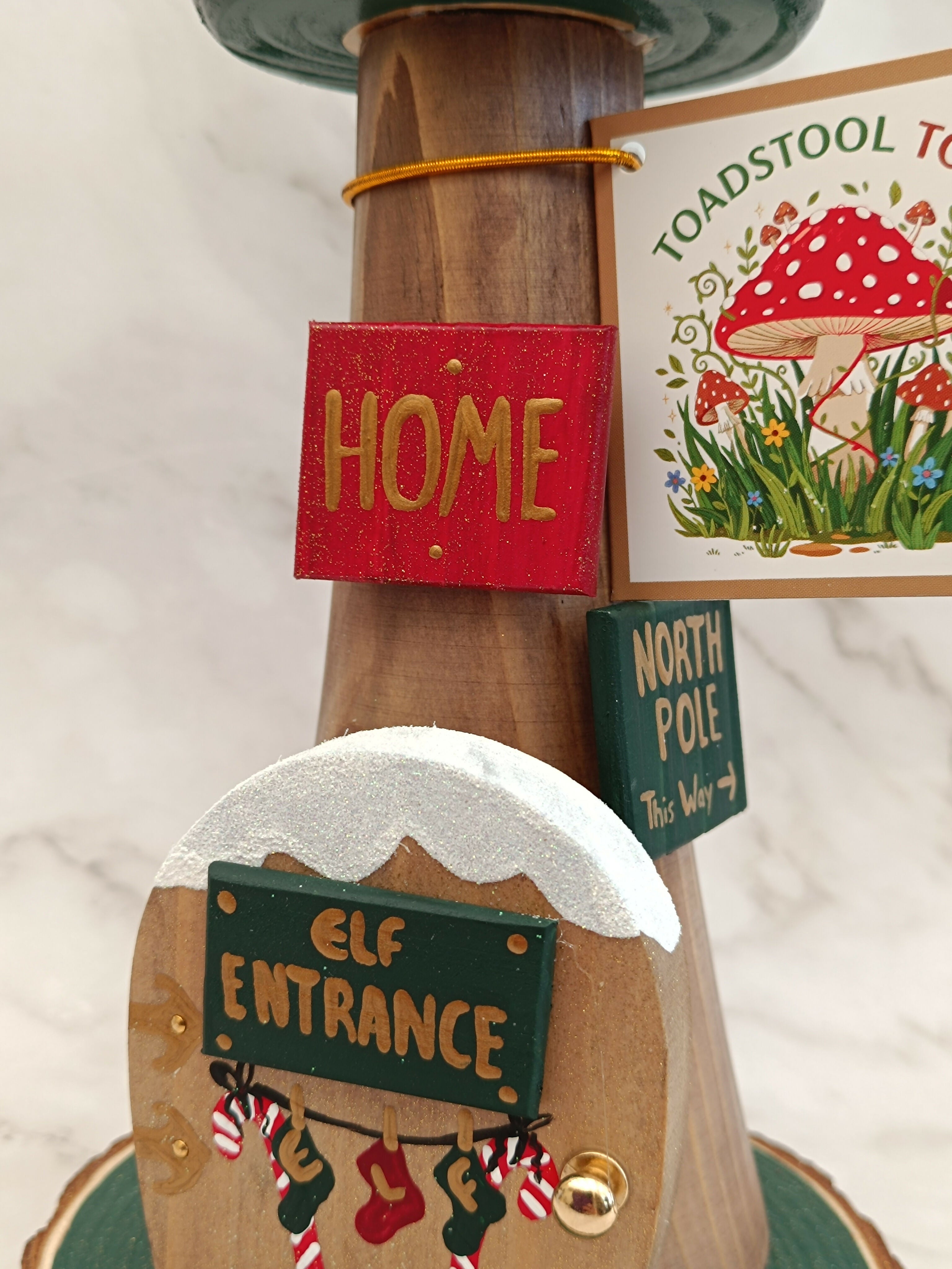30cm Green Handmade, Free Standing Painted Wooden Bell Shaped Topped Toadstool Elf House - Whimsical Woodland Ornament & Holiday Keepsake