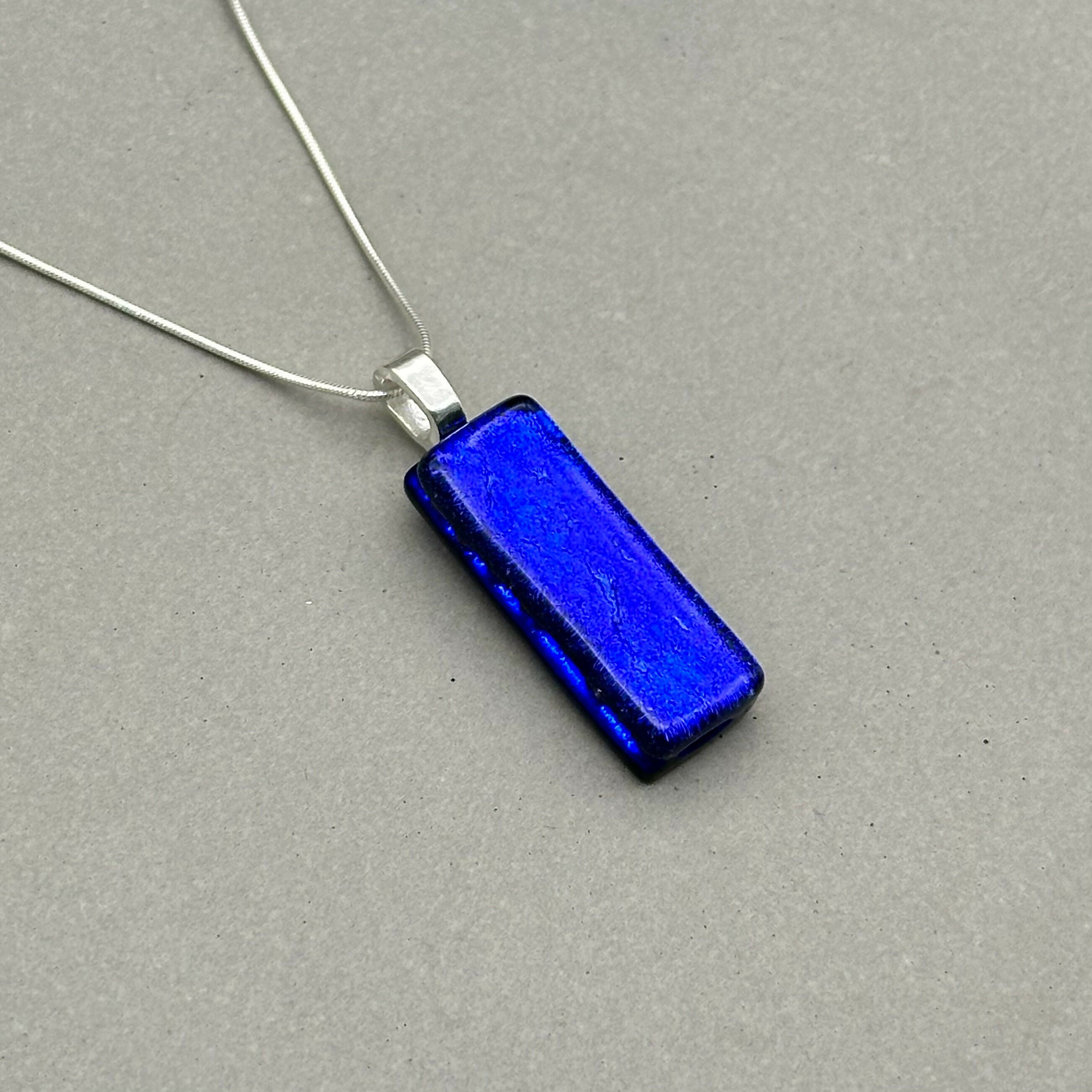 Cobalt Blue Dichroic Fused Glass Pendant with Silver Plated Chain - Handmade by Jade Tapson Glass.