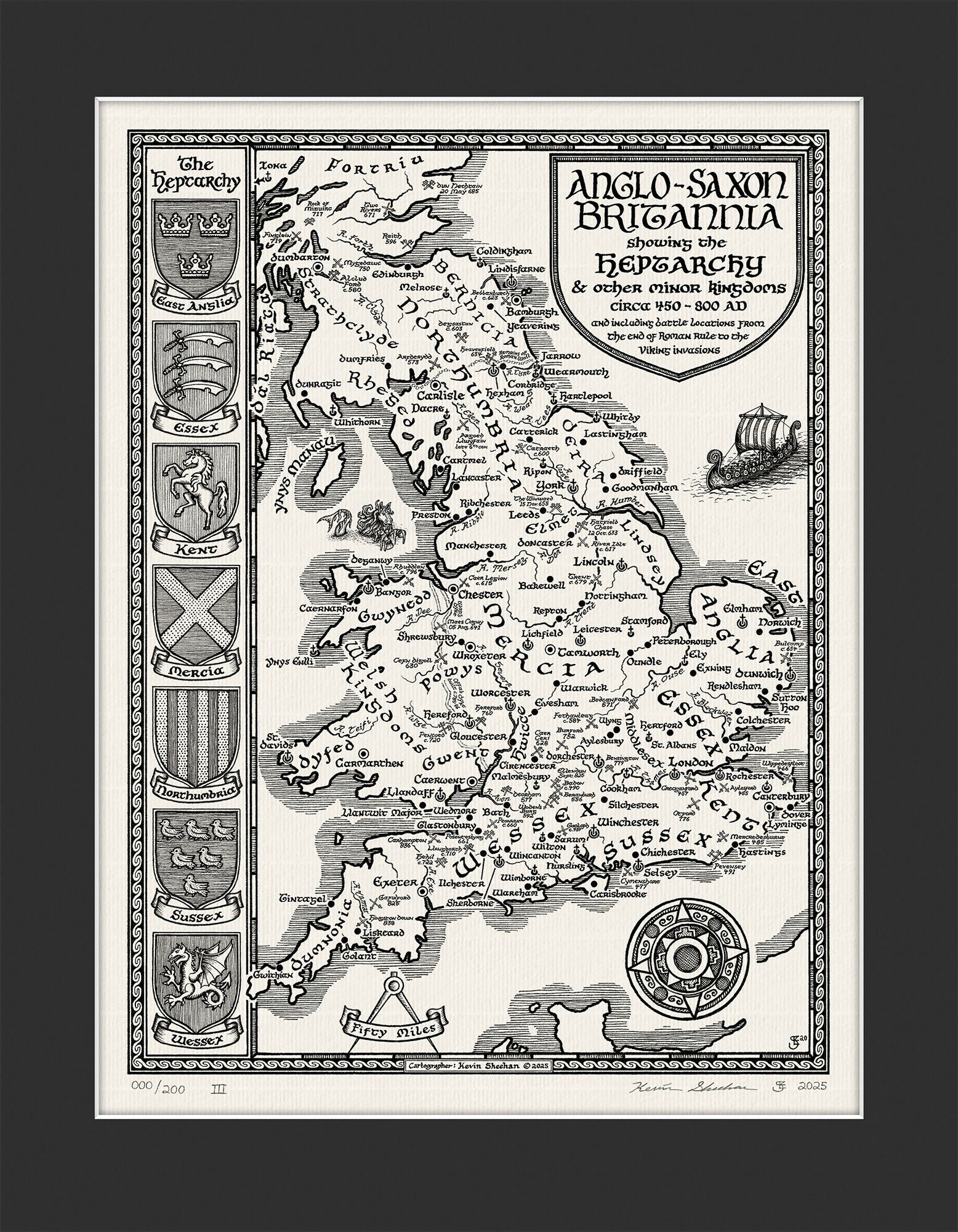 Anglo Saxon Britain Map Hand Drawn Fine Art Print