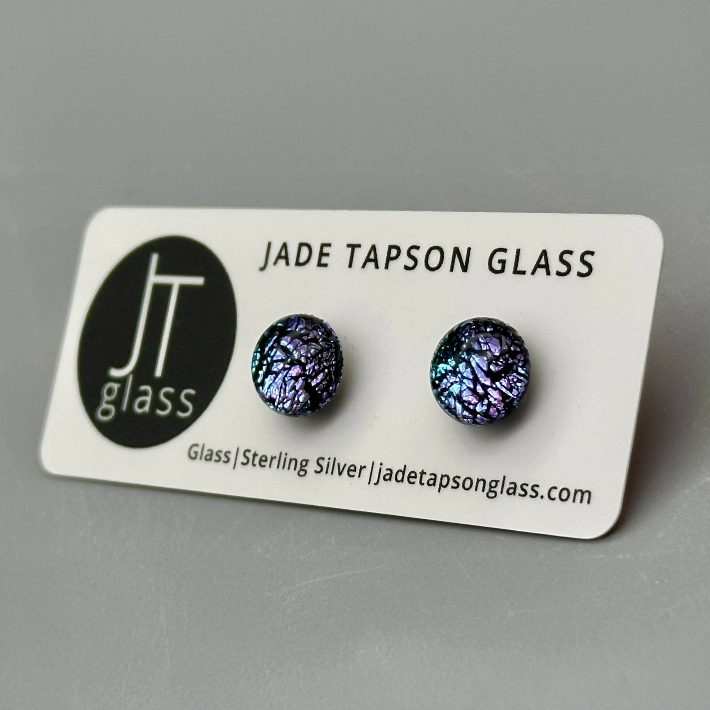 Ice Blue & Purple Dichroic Fused Glass Sterling Silver Stud Earrings - Handmade by Jade Tapson Glass.