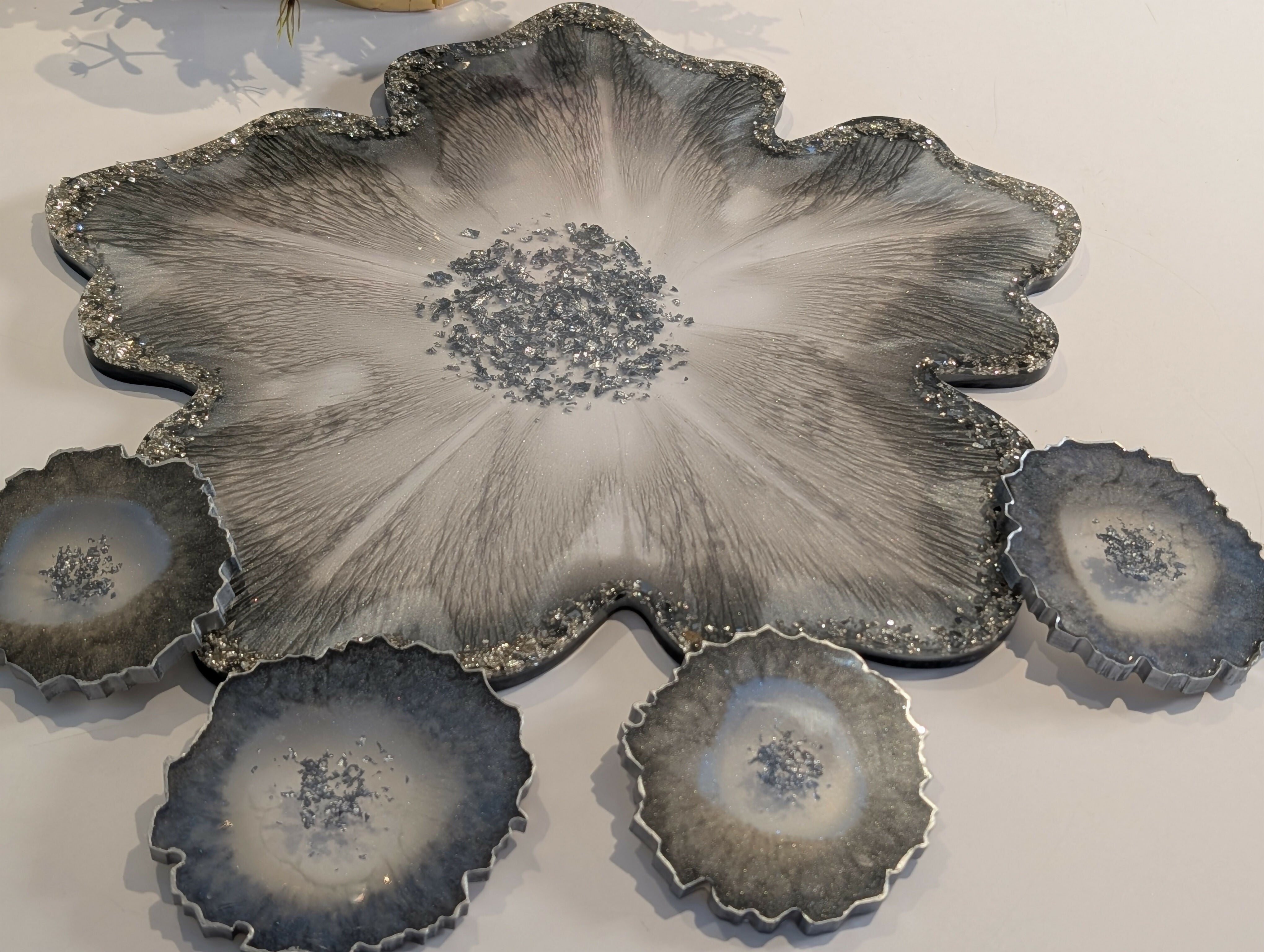 ELEGANT SILVER GREY HANDMADE WITH STONE TRAY AND COASTERS SET