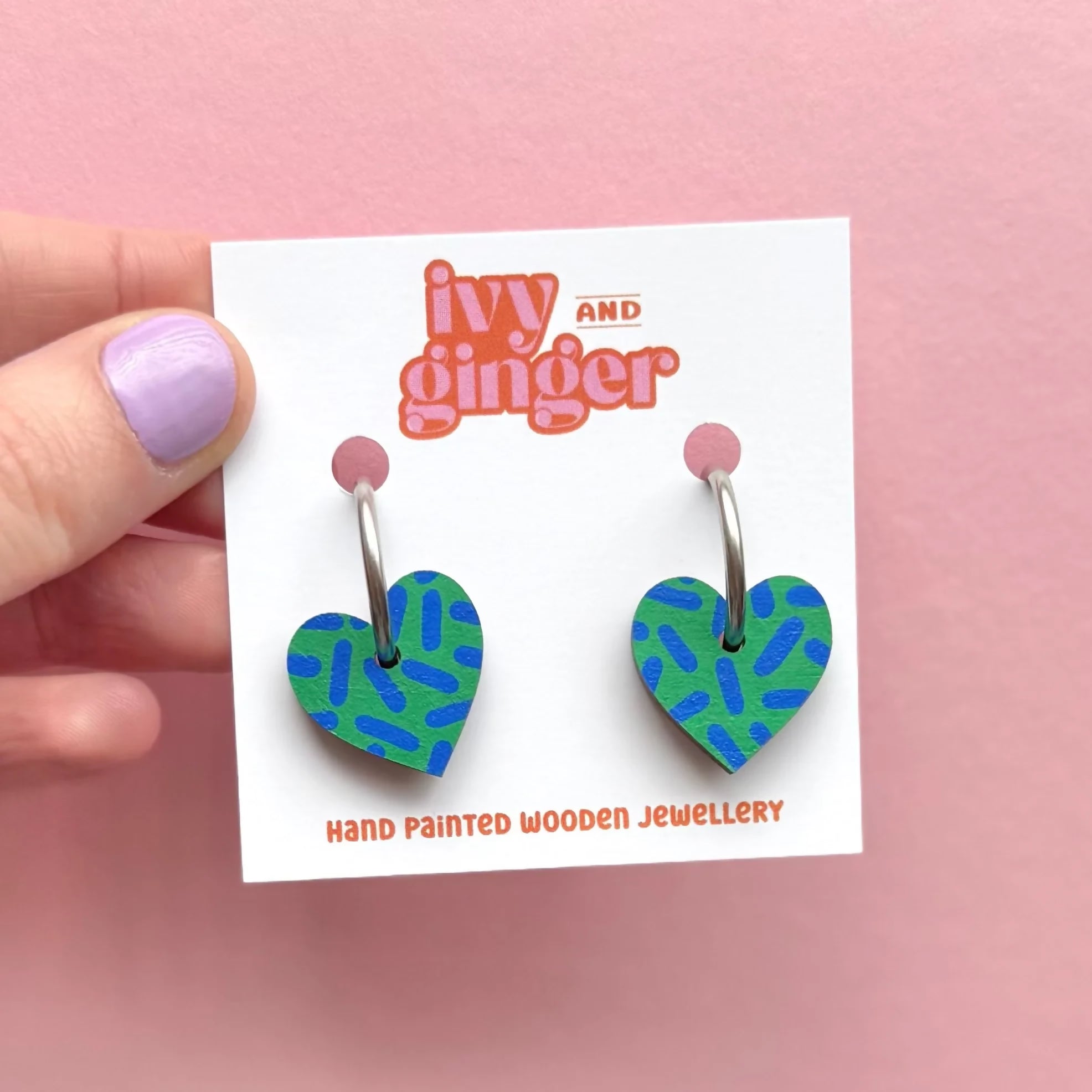 Hand Painted Green and Blue Dash Print Small Heart Hoop