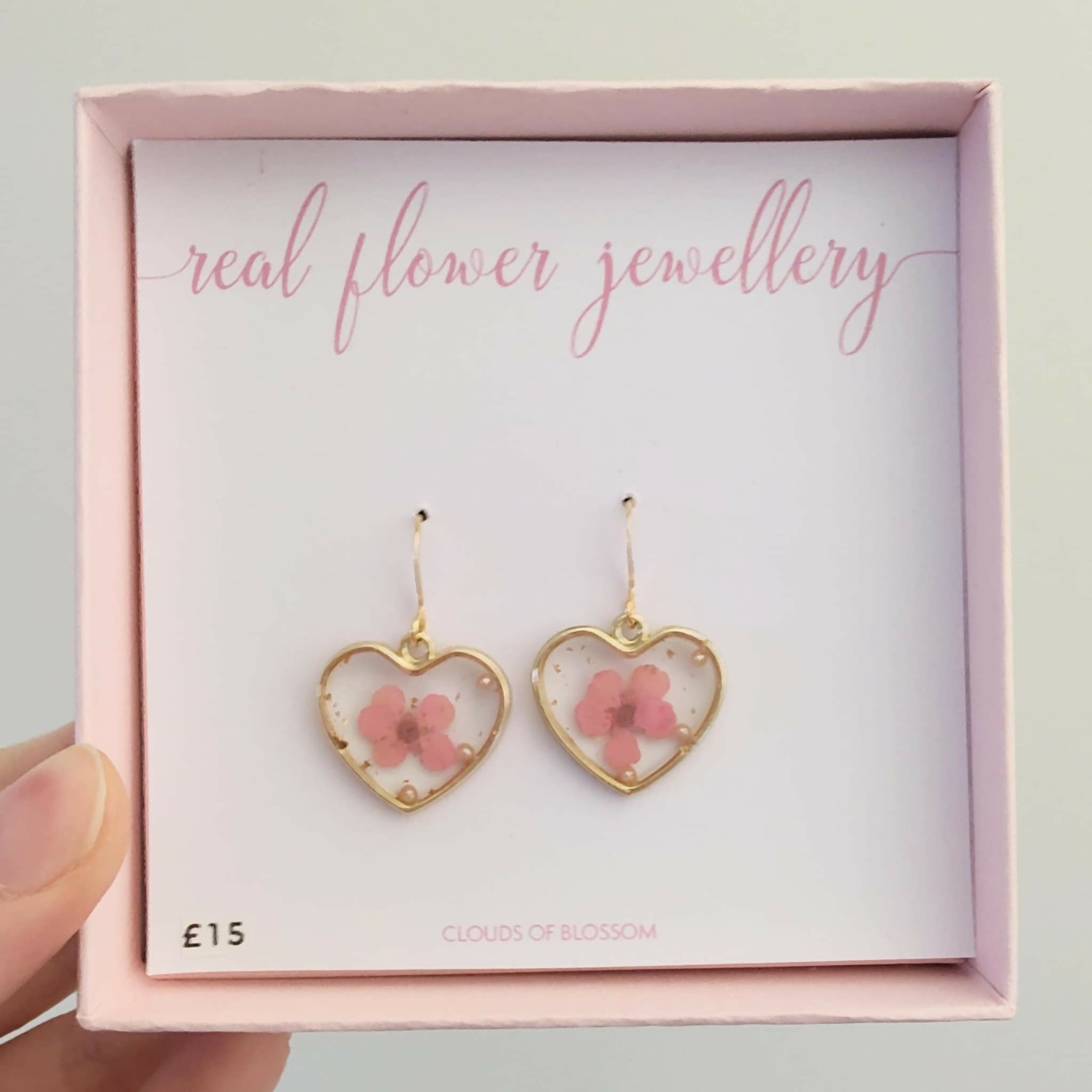 Real Flower Pink Heart Earrings Gold Plated