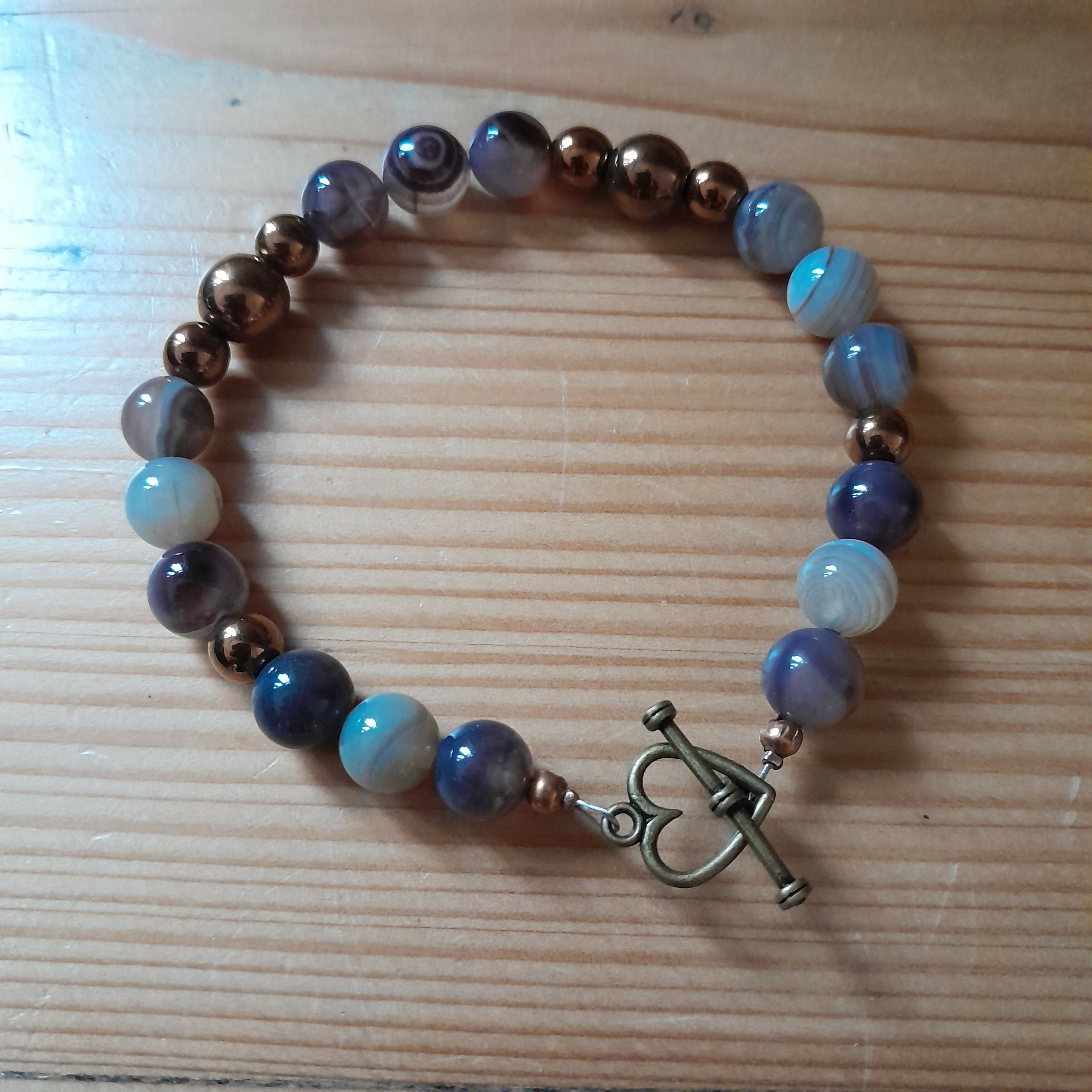 Bronze Toggle Catch Bracelet with Banded Grey Agate and Copper Hematite.