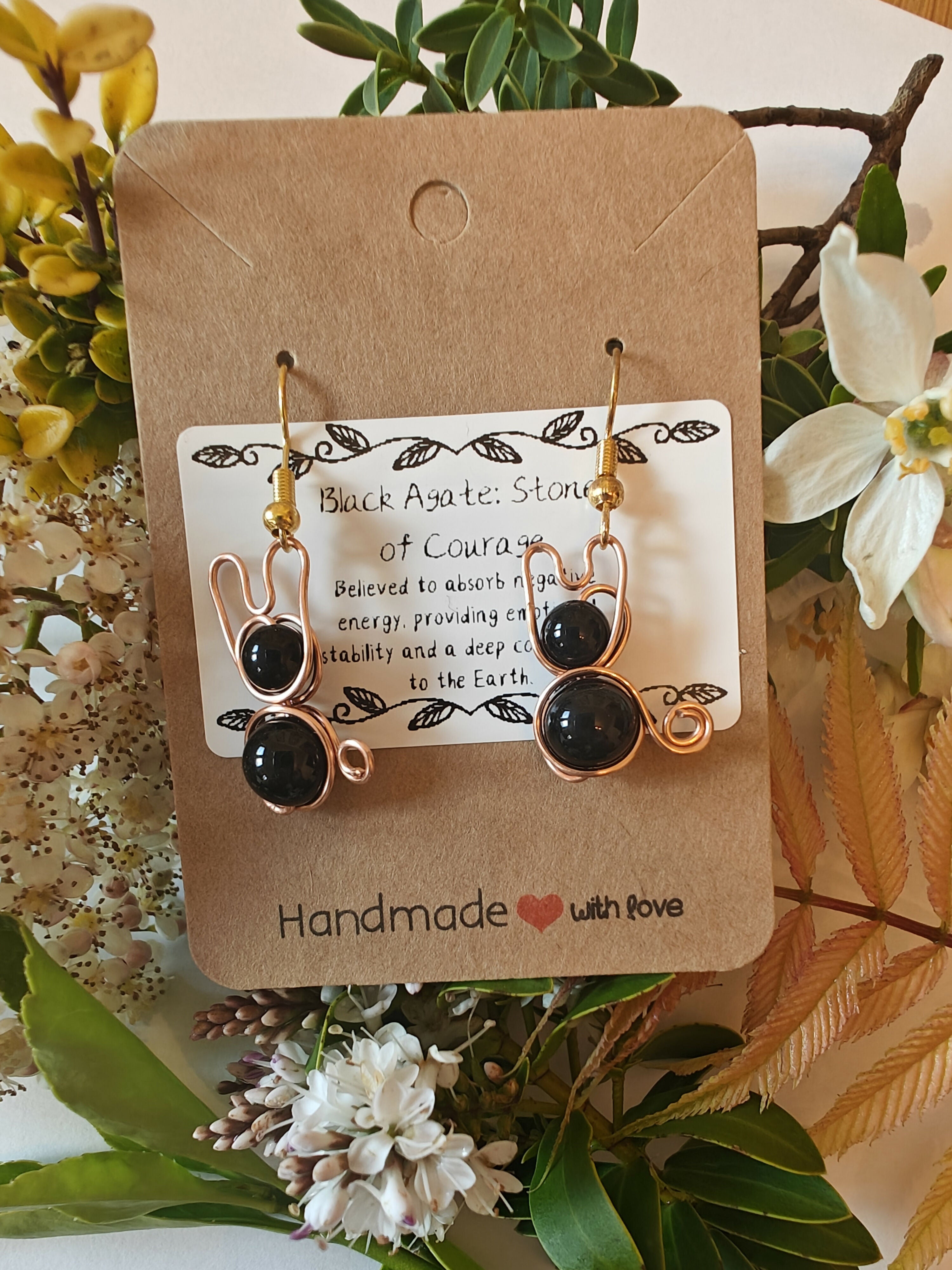 Black Agate Wire Wrapped Crystal Bead Earrings
