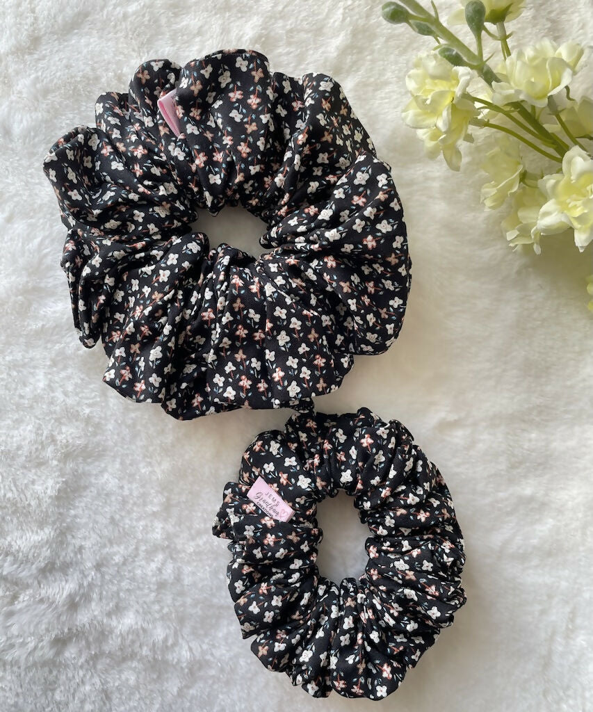 Handmade Scrunchie Black Ditsy Cotton